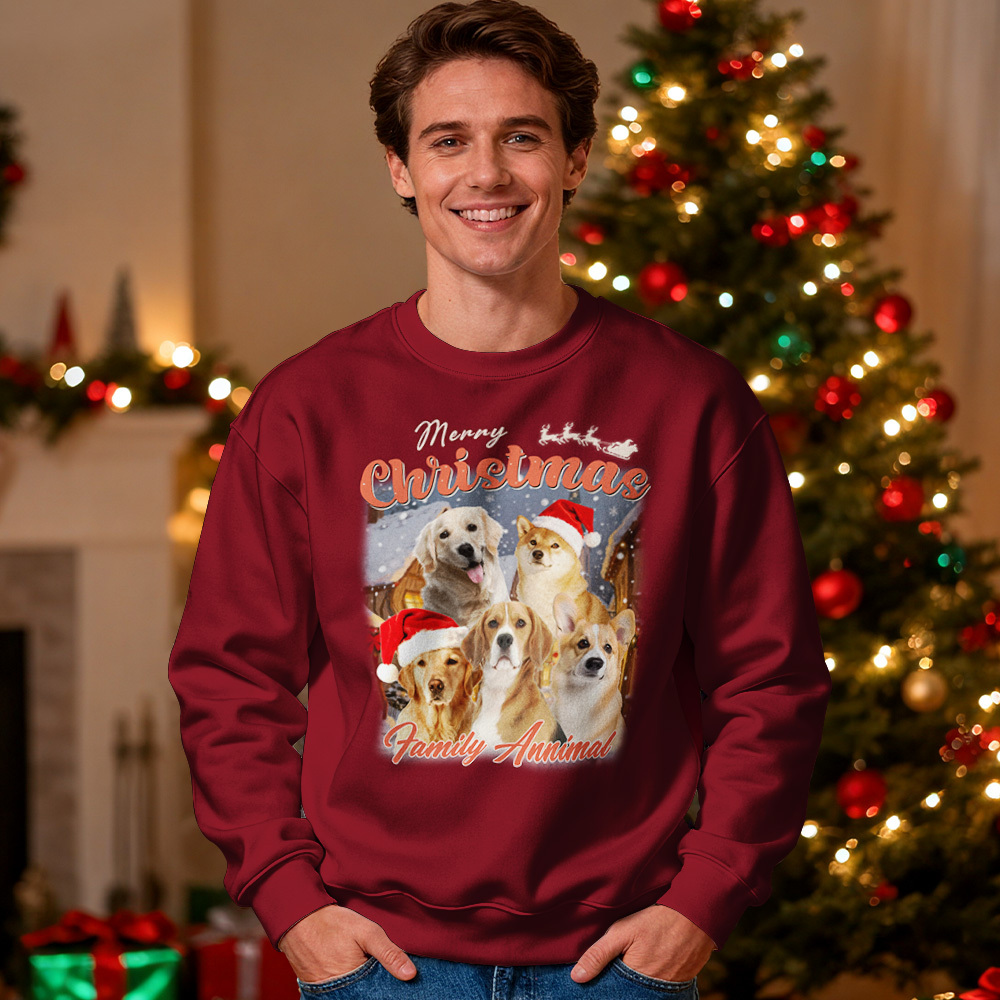 Custom Face Round Neck Hoodie Custom Your Pet Retro Vintage Portrait Christmas Sweatshirt - MyPhotoSocksAu