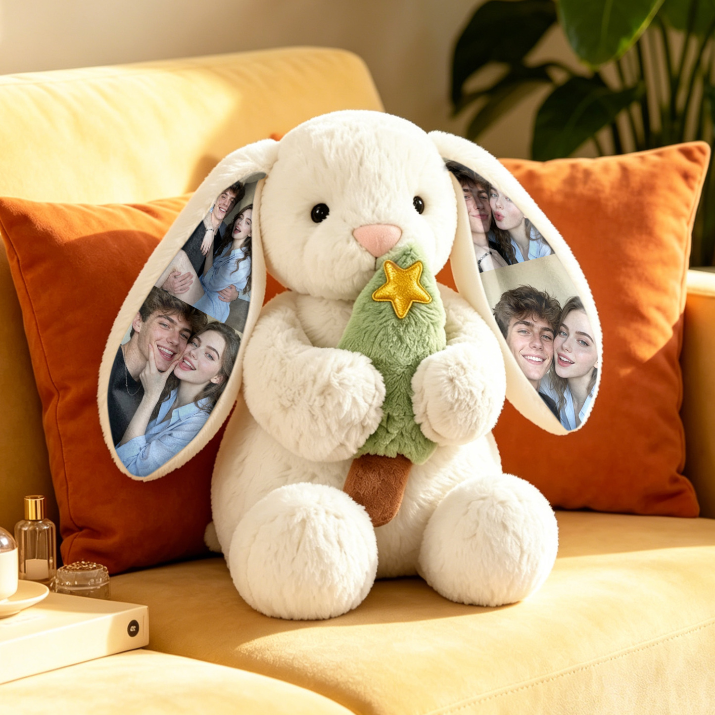 Custom Photo Pink Rose Bunny Plush Personalized Hidden Ear Picture Bunny Gift for Couples Anniversary Gifts - MyPhotoSocksAu