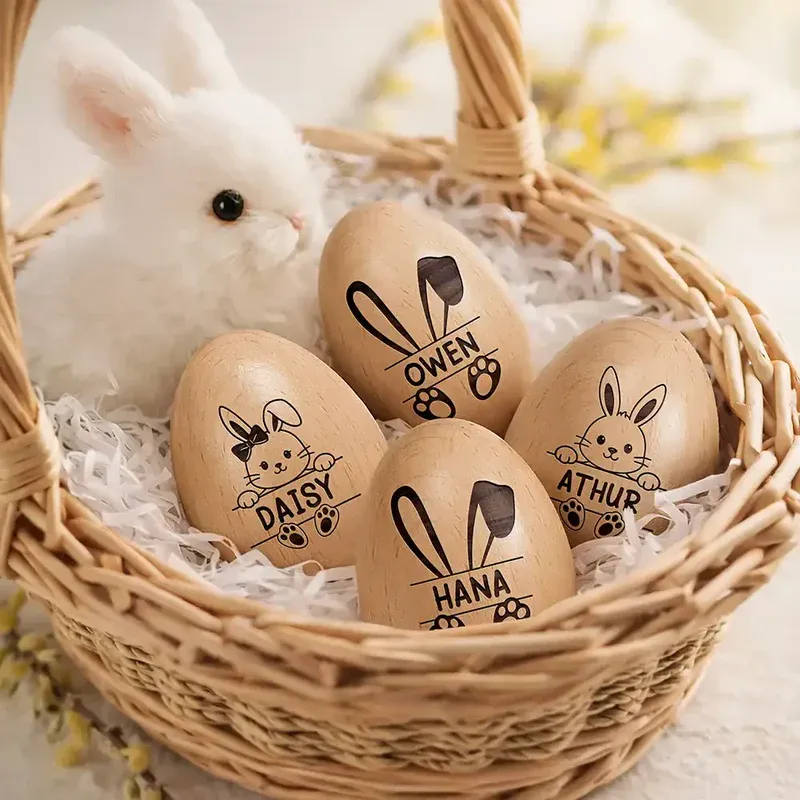 Adorable Bunny With Name - Personalized Musical Wooden Easter Egg Shaker - MyPhotoSocksAu