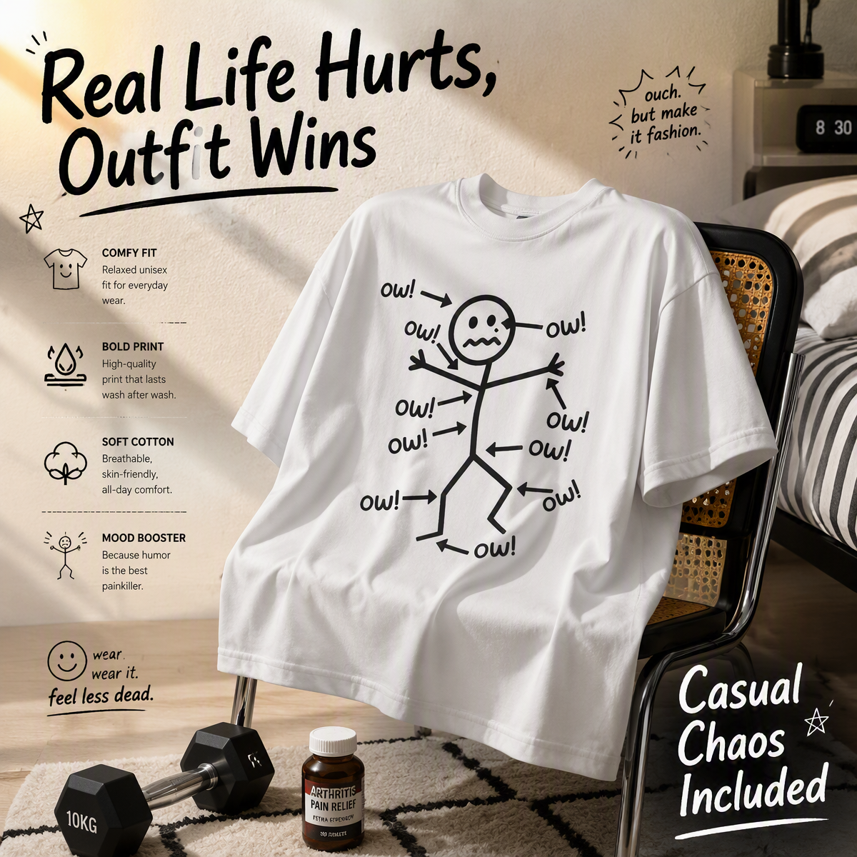Funny Ow Ow Ow Ow Saying Body Pain Character Humor Sarcastic T-Shirt - MyPhotoSocksAu