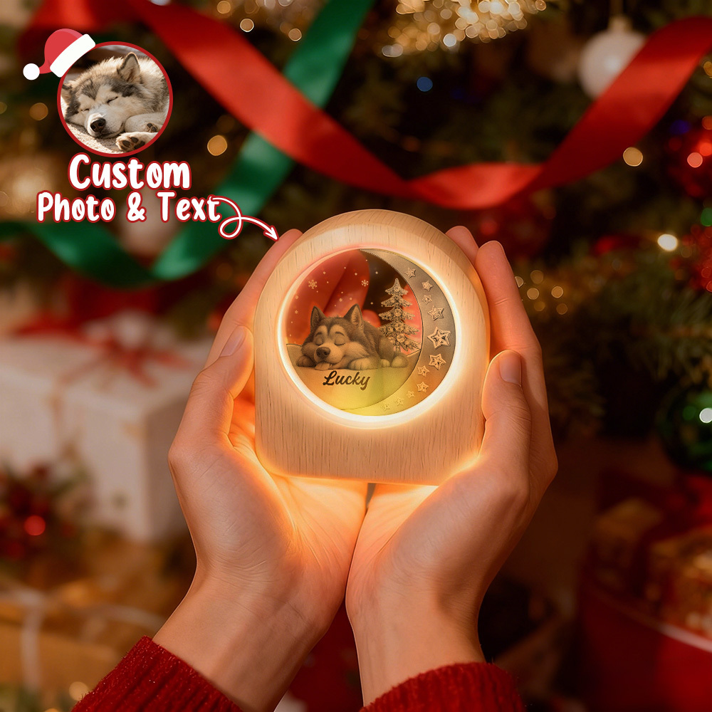 Custom Pets Photo Glass Night Light - LED Light Wooden Base, Unique Gift for Lover, Pets, Birthday - MyPhotoSocksAu
