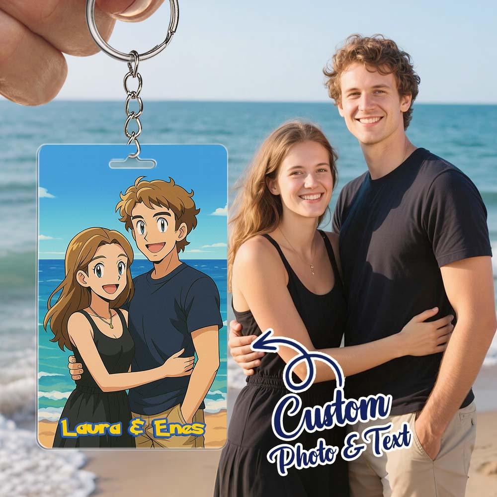 Custom Anime Style Couple Keychain �C Personalized Cartoon Gift with Photo & Text Acrylic Keychain Gift - MyPhotoSocksAu