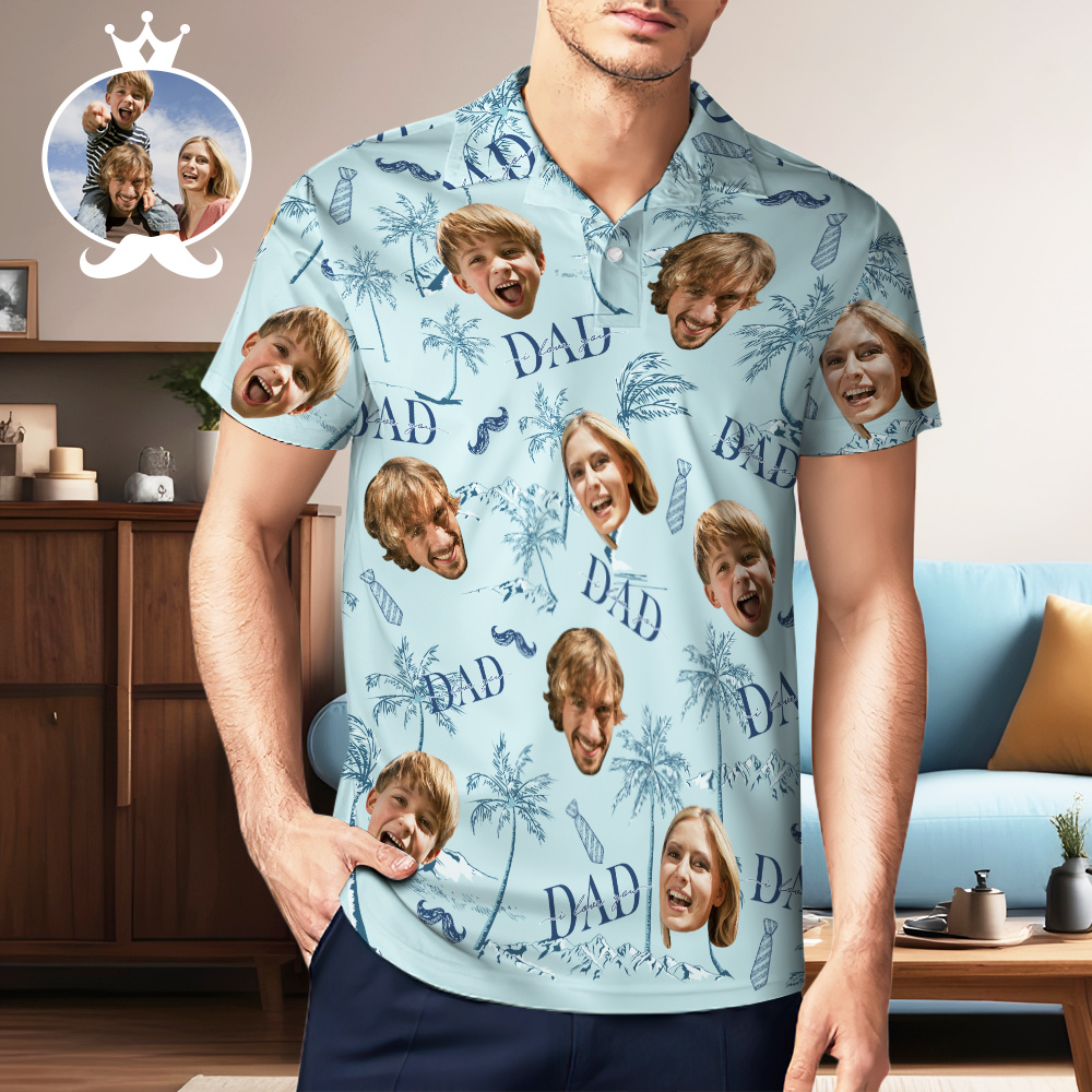 Custom Face Polo Hawaiian Blue Golf Polo Shirt Dad Beard Men's Polo Shirt Fathers Day Gift - MyPhotoSocksAu