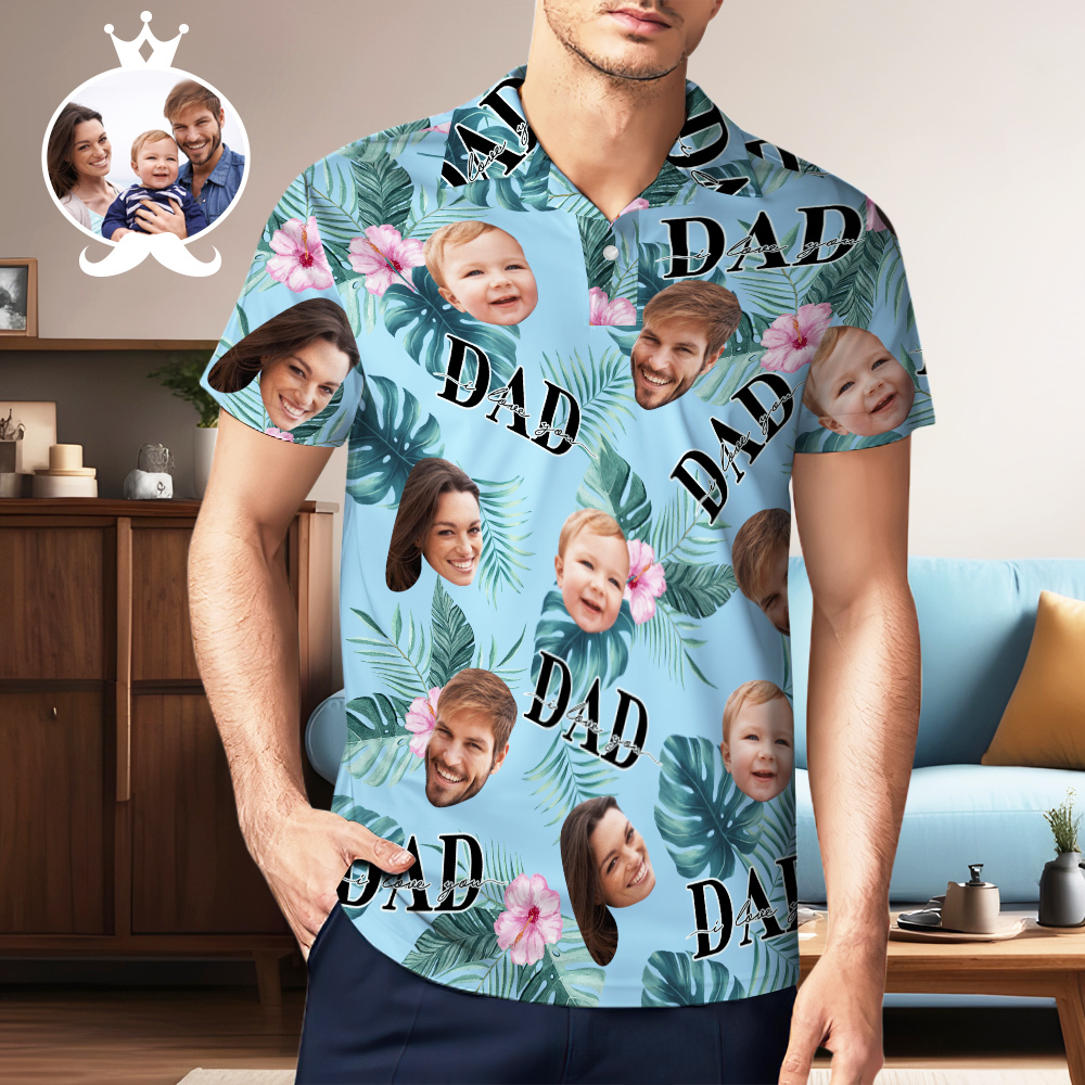 Custom Face Polo Hawaiian Blue Golf Polo Shirt Dad Beard Men's Polo Shirt Fathers Day Gift - MyPhotoSocksAu
