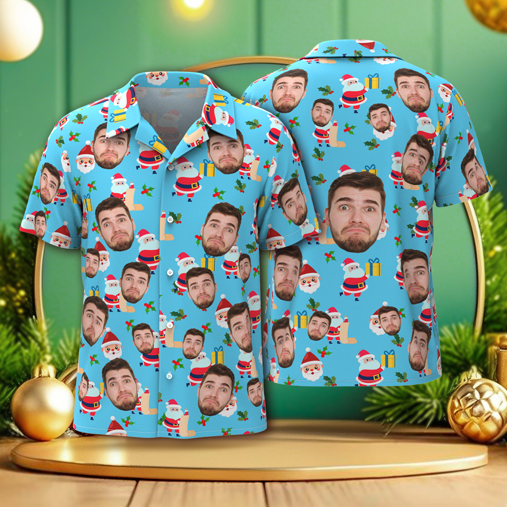 Chrismas Party Shirts Custom Face Men's Hawaiian Shirt Personalized Photo Christmas Family Xmas Aloha Shirts Blue - MyPhotoSocksAu