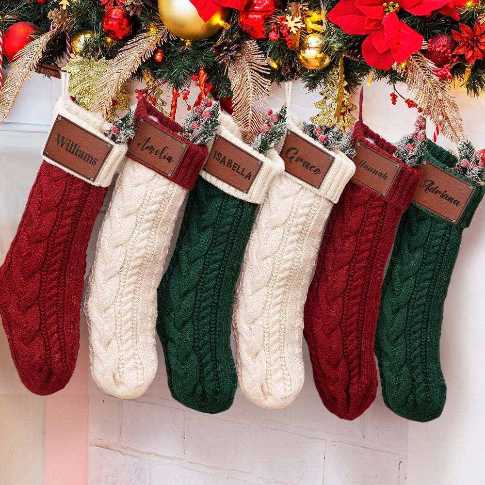 Personalized Christmas Stocking with Name Leather Patches Knitted Xmas Stockings Decoration - My Photo Socks AU