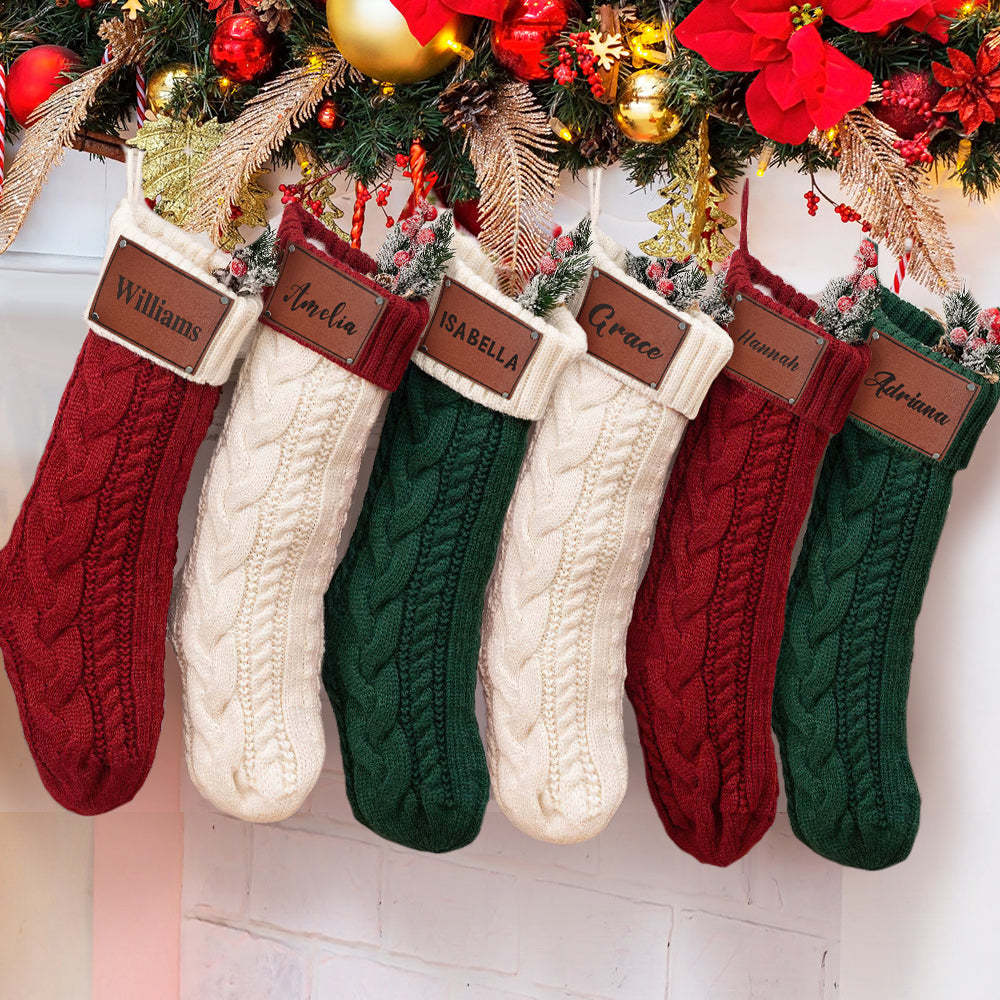 Personalized Christmas Stocking with Name Leather Patches Knitted Xmas Stockings Decoration - MyPhotoSocksAu