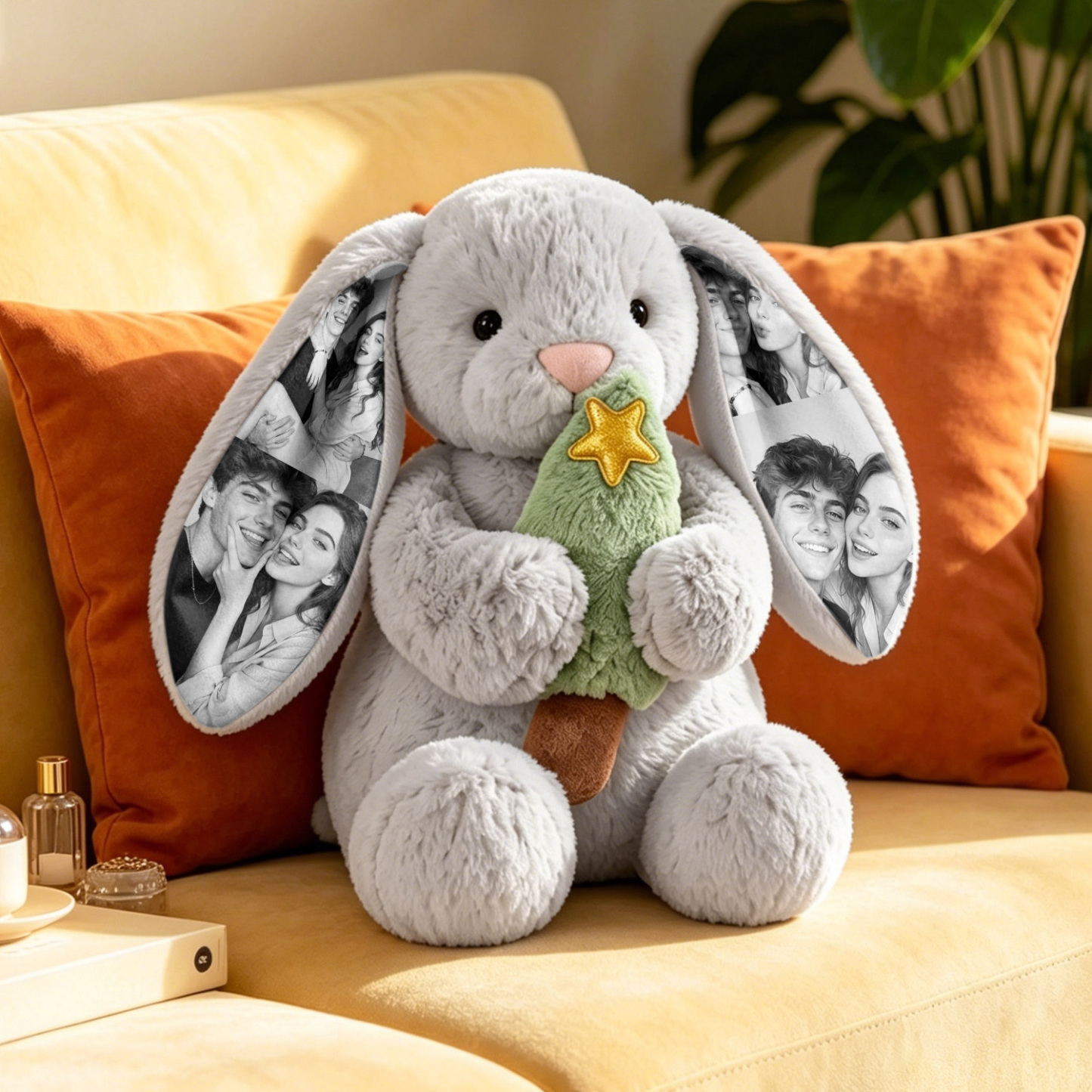 Custom Photo Pink Rose Bunny Plush Personalized Hidden Ear Picture Bunny Gift for Couples Anniversary Gifts - MyPhotoSocksAu