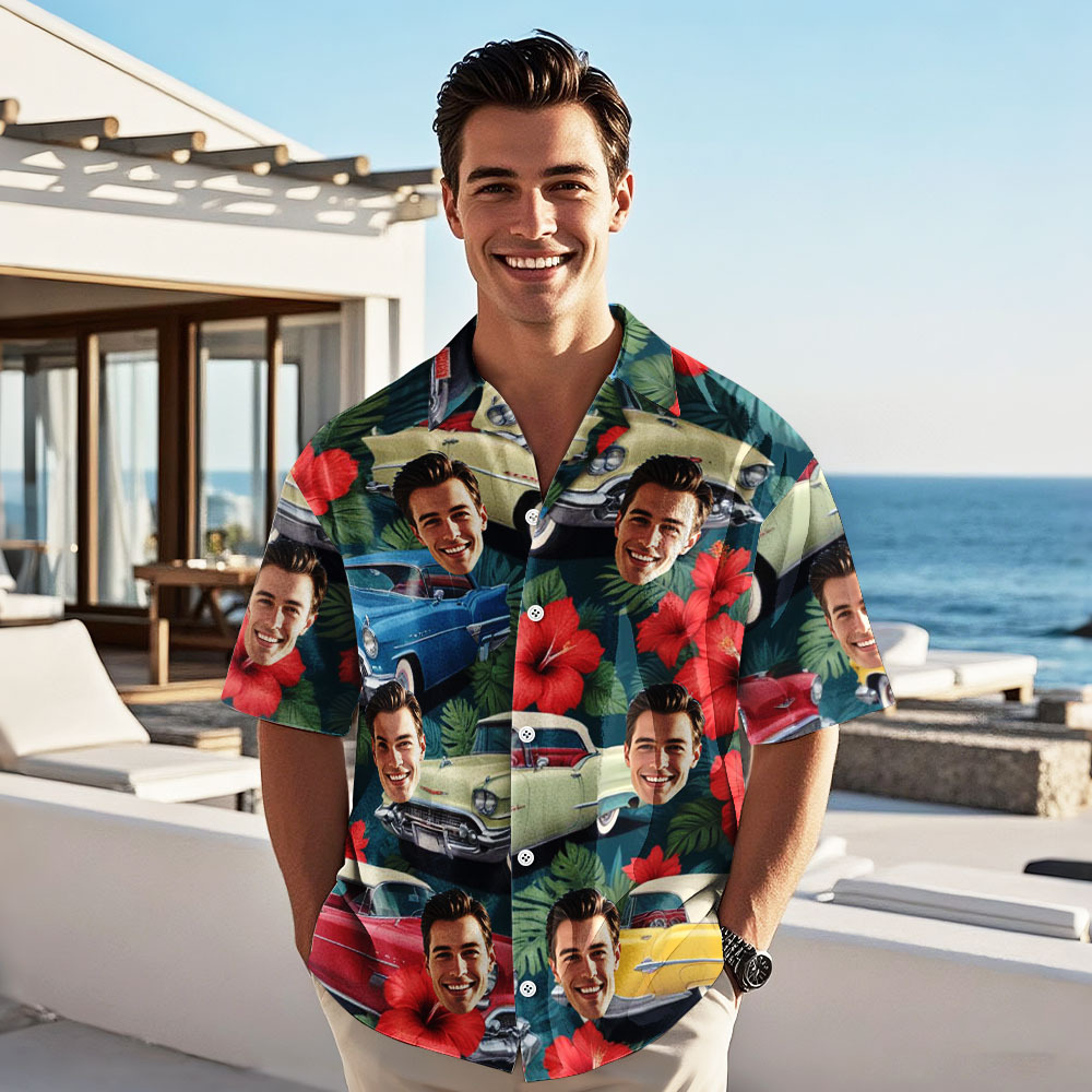 Custom Face Hawaiian Shirt Classic Blue Sea Car Photo Hawaiian Shirt Gift for Him - MyPhotoSocksAu