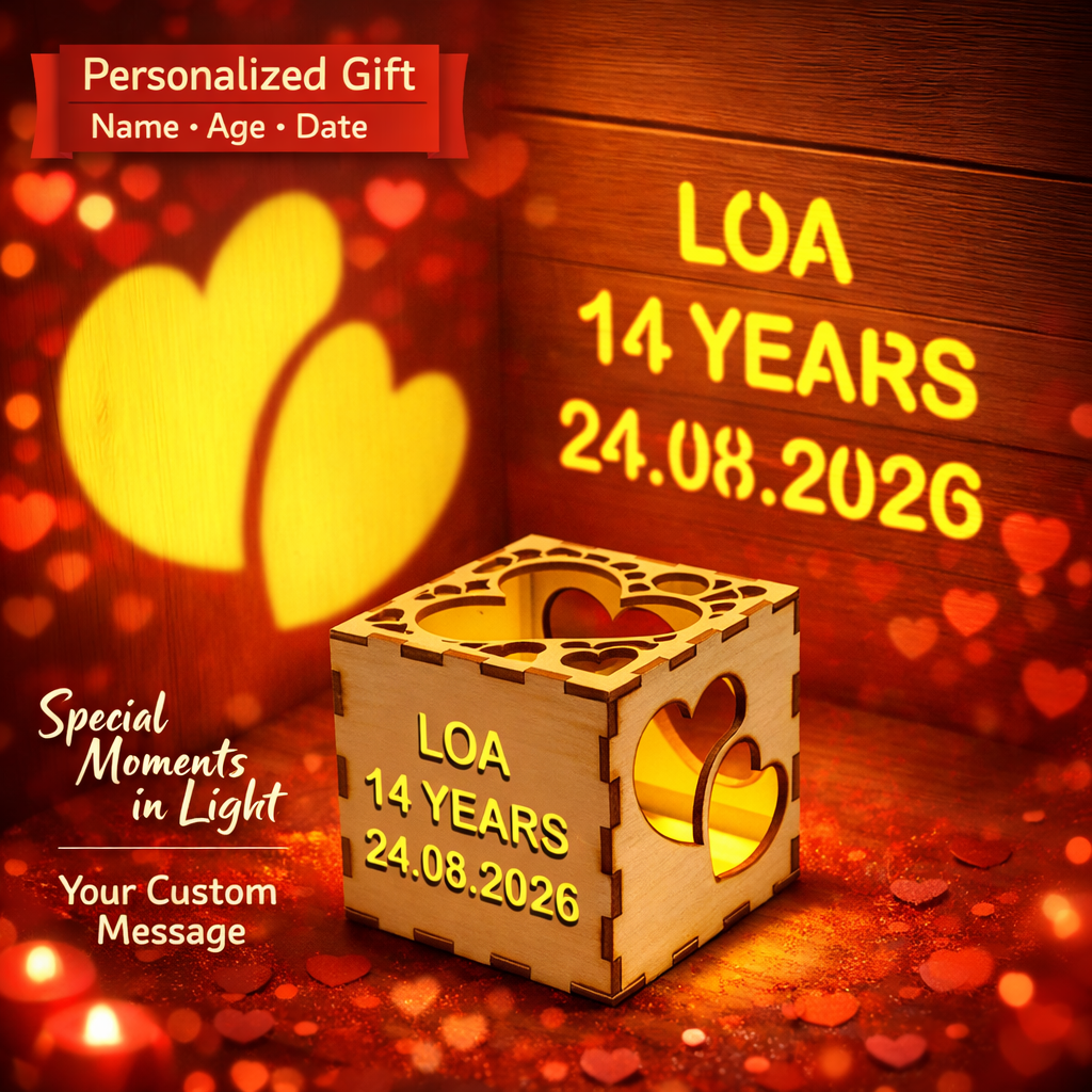 Valentine's Day Personalized Wooden Projection Night Light Cube – Custom Name, Age & Date | Heart Shadow Memory Lamp Gift for Anniversaries - MyPhotoSocksAu