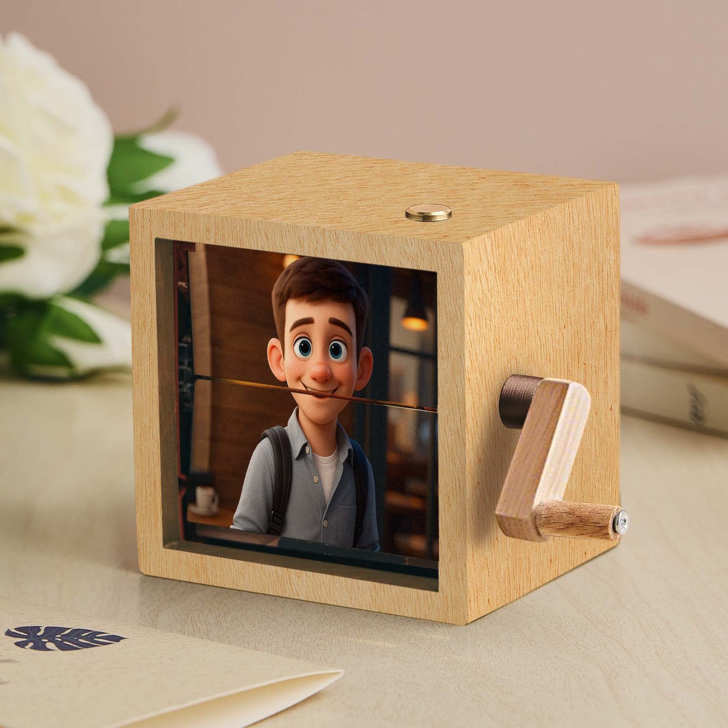 Custom Hand-Crank Flipbook Box Mechanical Anime Photo Album with Light Walnut Baby Photo Cube Frame Creative Gift - MyPhotoSocksAu