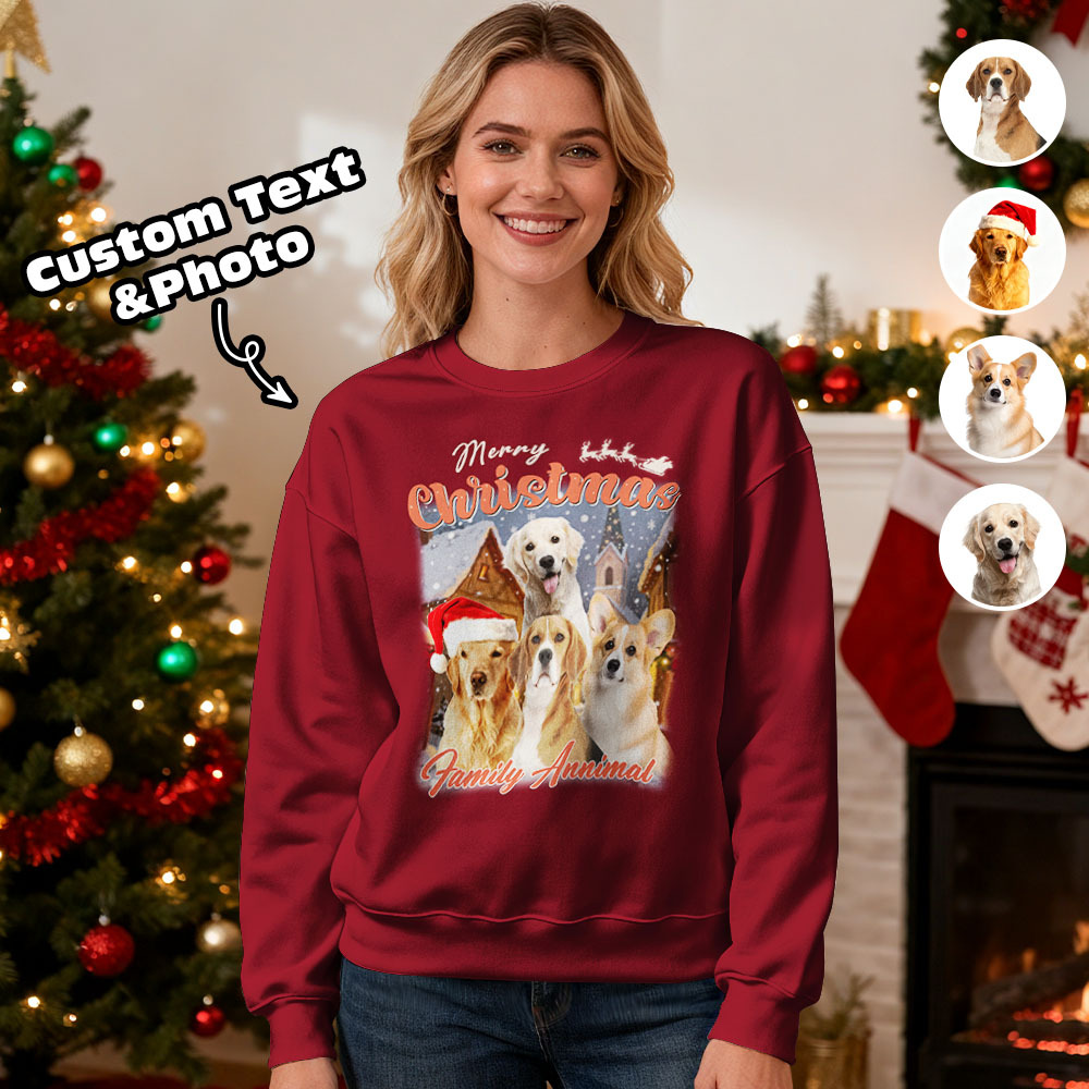 Custom Face Round Neck Hoodie Custom Your Pet Retro Vintage Portrait Christmas Sweatshirt - MyPhotoSocksAu