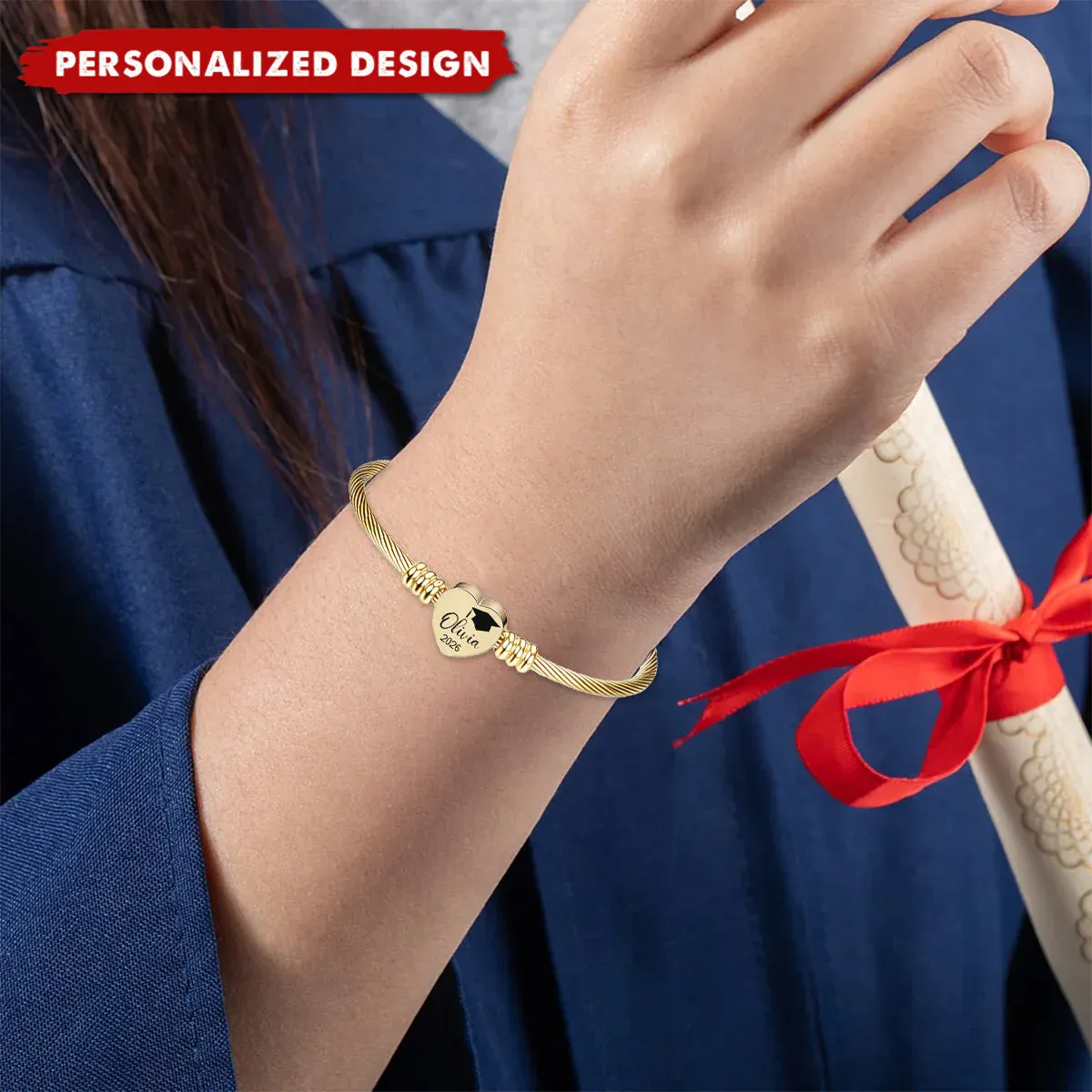 Personalized Graduation Heart Bracelet - Custom Name & Year Gift for Her - MyPhotoSocksAu