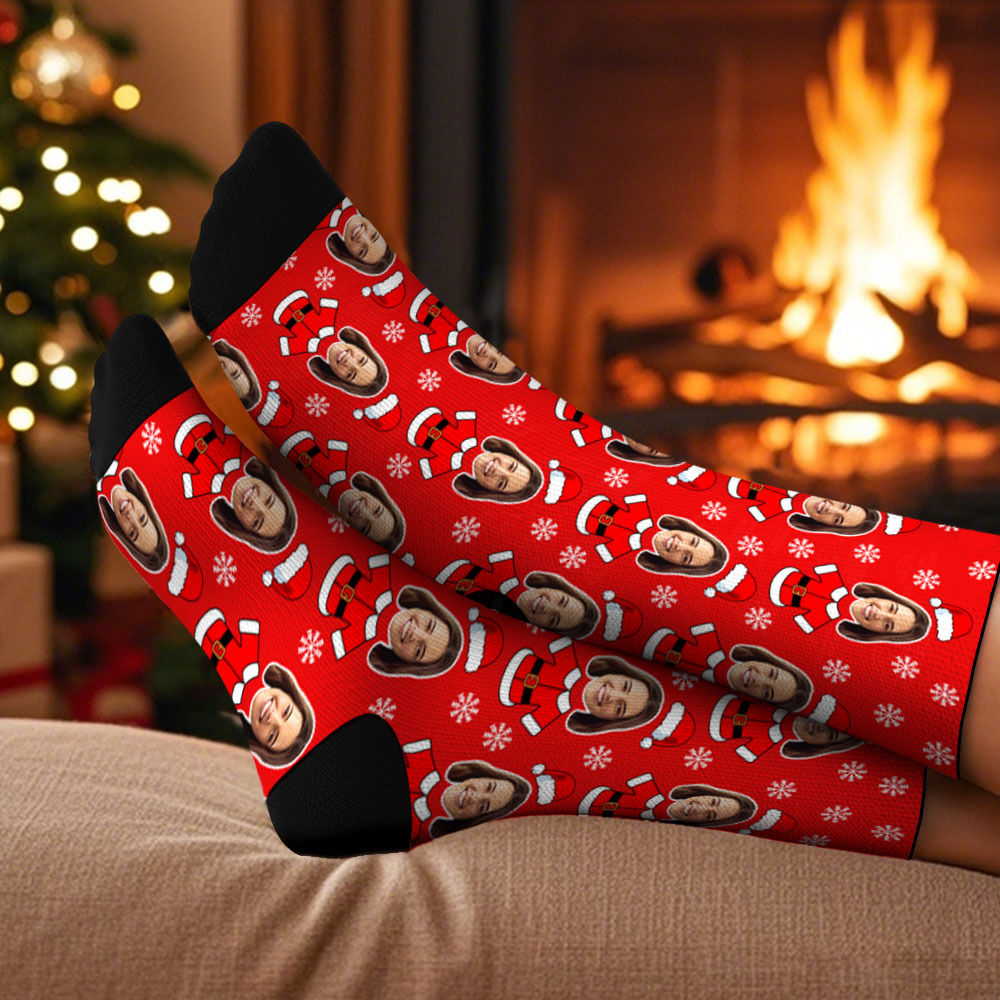 Custom Elf Face Socks Personalized Christmas Photo Socks Funny Holiday Gift for Family & Friends - MyPhotoSocksAu