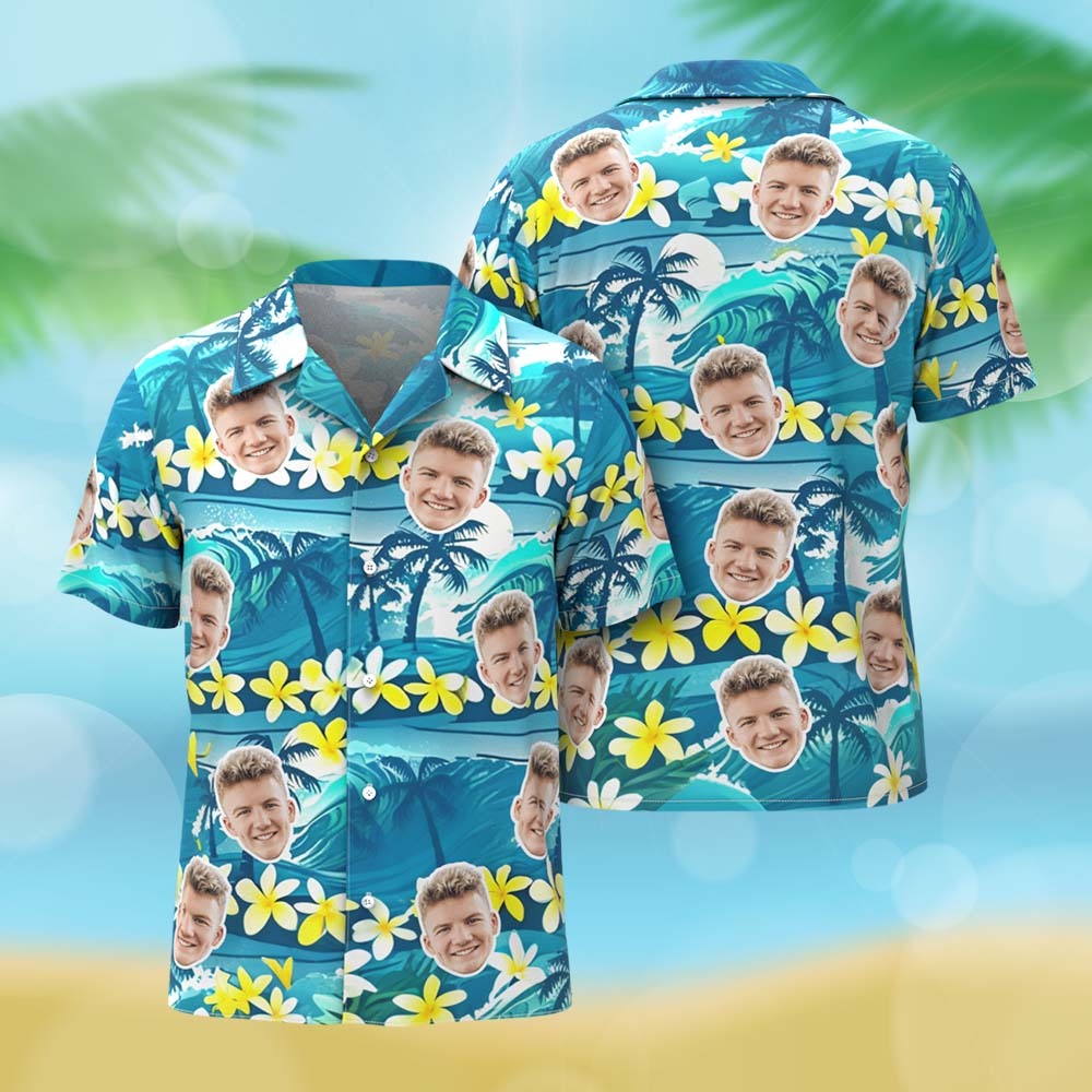 Personalized Blue Leveas Face Hawaiian Shirt Custom Face Photo Shirt for Men Fun Summer Vacation Gift - MyPhotoSocksAu