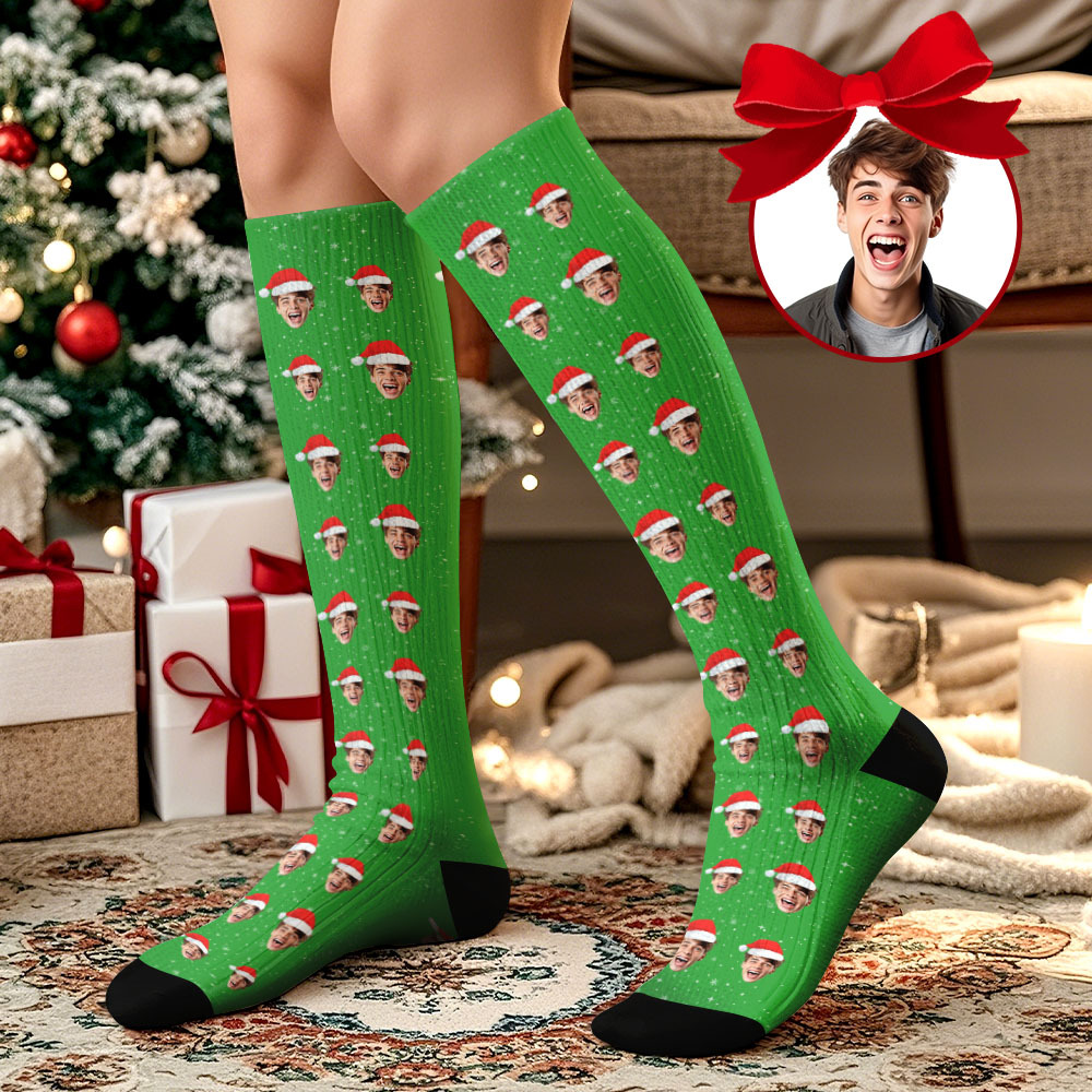 Christmas Gifts Custom Face Knee High Socks Personalized Xmas Socks Merry Christmas Pink - MyPhotoSocksAu