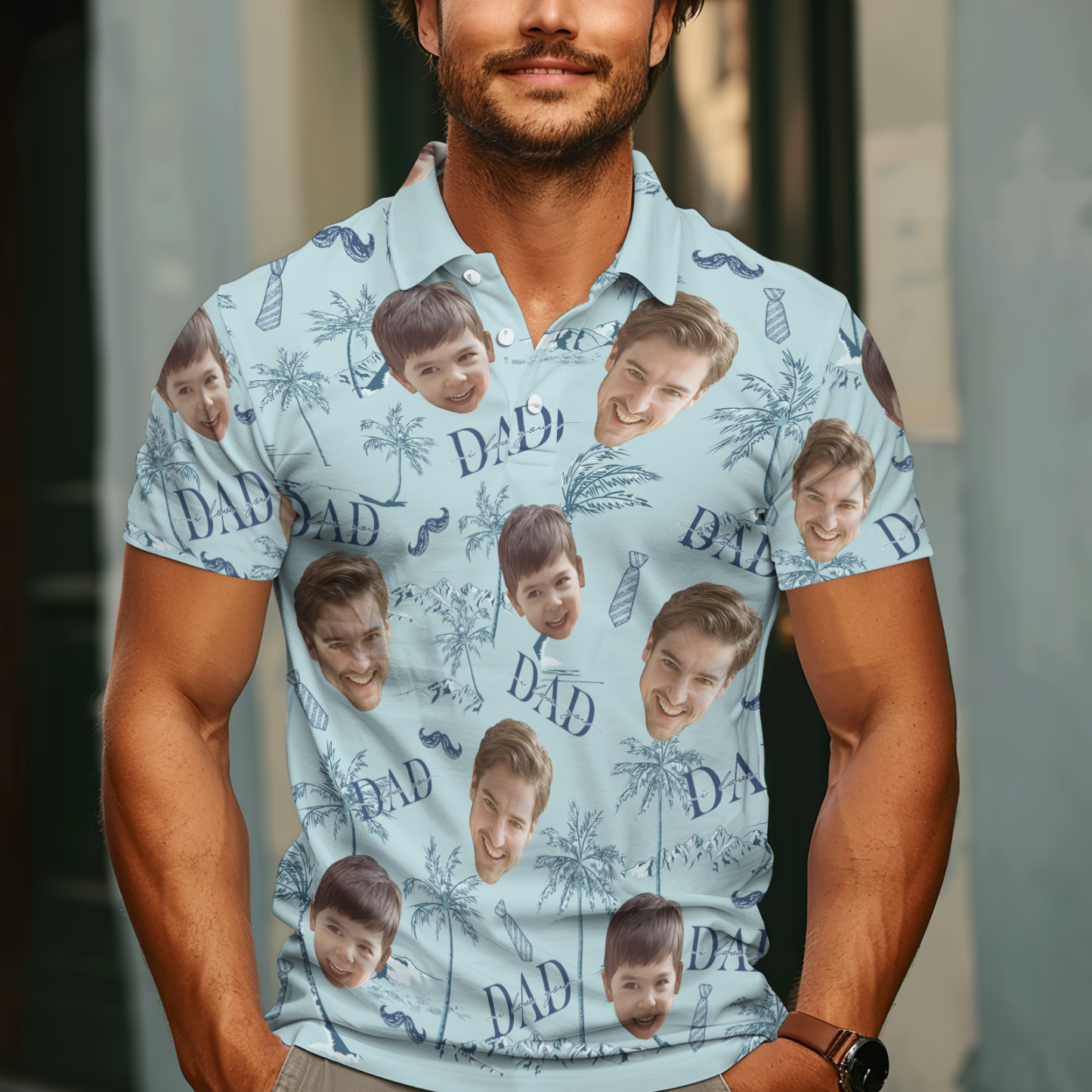 Custom Face Polo Hawaiian Blue Golf Polo Shirt Dad Beard Men's Polo Shirt Fathers Day Gift - MyPhotoSocksAu