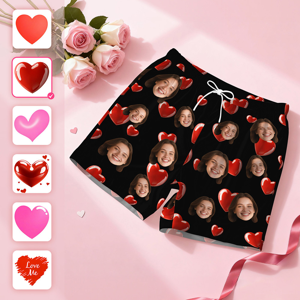 Personalised Face Short Sleeve Pajamas Custom Heart Face Couple Sleepwear Valentine Love Gifts For Him - MyPhotoSocksAu