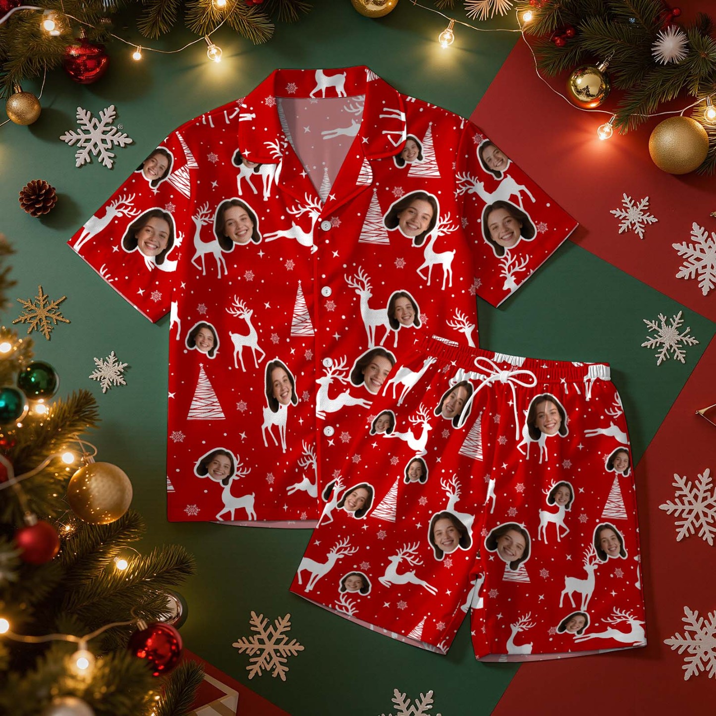 Christmas Gifts Custom Face Short Sleeved Pajamas Xmas Tree Personalised Sleepwear Love Gifts For Her - MyPhotoSocksAu