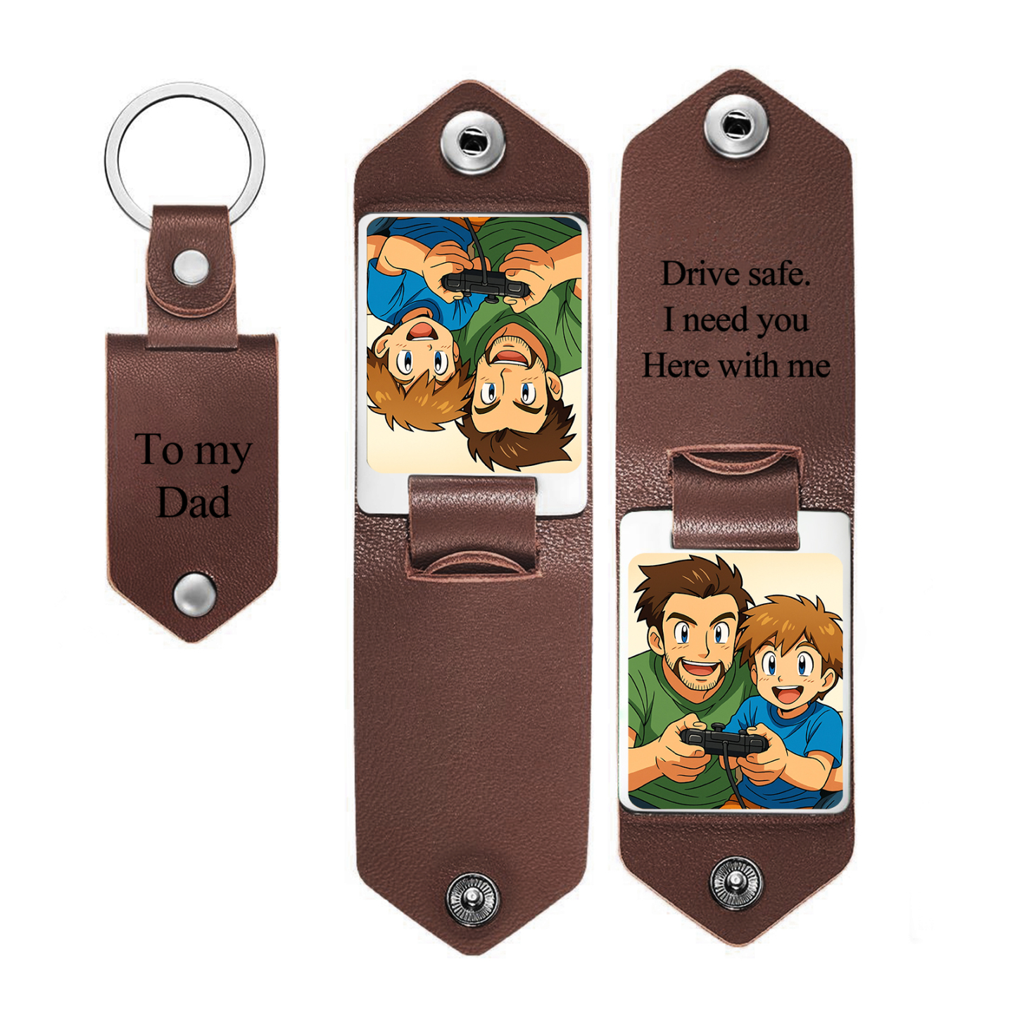 Custom Leather Dad Cartoon Poke Photo Keychain Personalized Engraved Text Commemorative Keychain Fathers Day Gifts - MyPhotoSocksAu