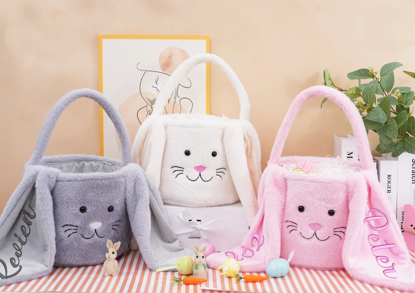 Personalized Plush Easter Basket,Embroidered Easter Bucket,Kids Bunny Basket with Name,Custom Easter Bag,Easter Gift for Kids Girls Boys - MyPhotoSocksAu