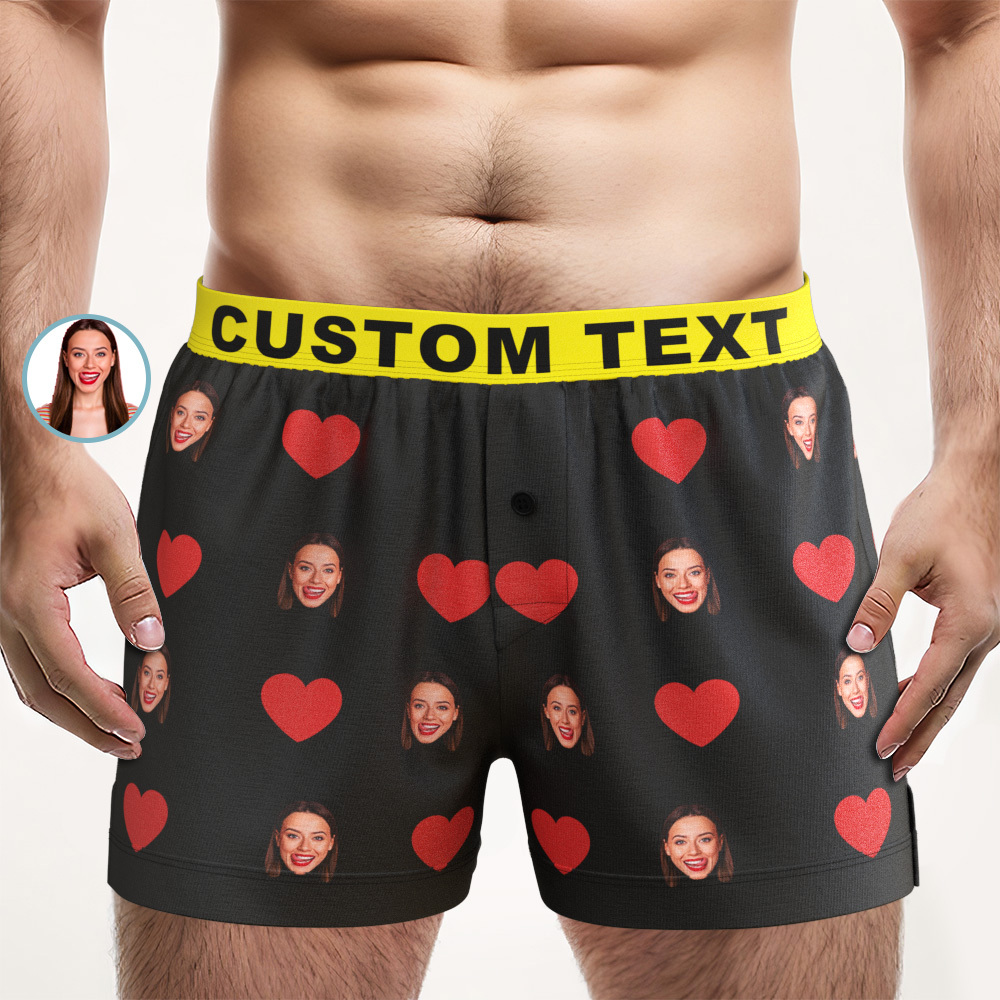Custom Face Red Heart Design Boxer Shorts with Personalised Text on the Waistband Personalised Underwear for Him