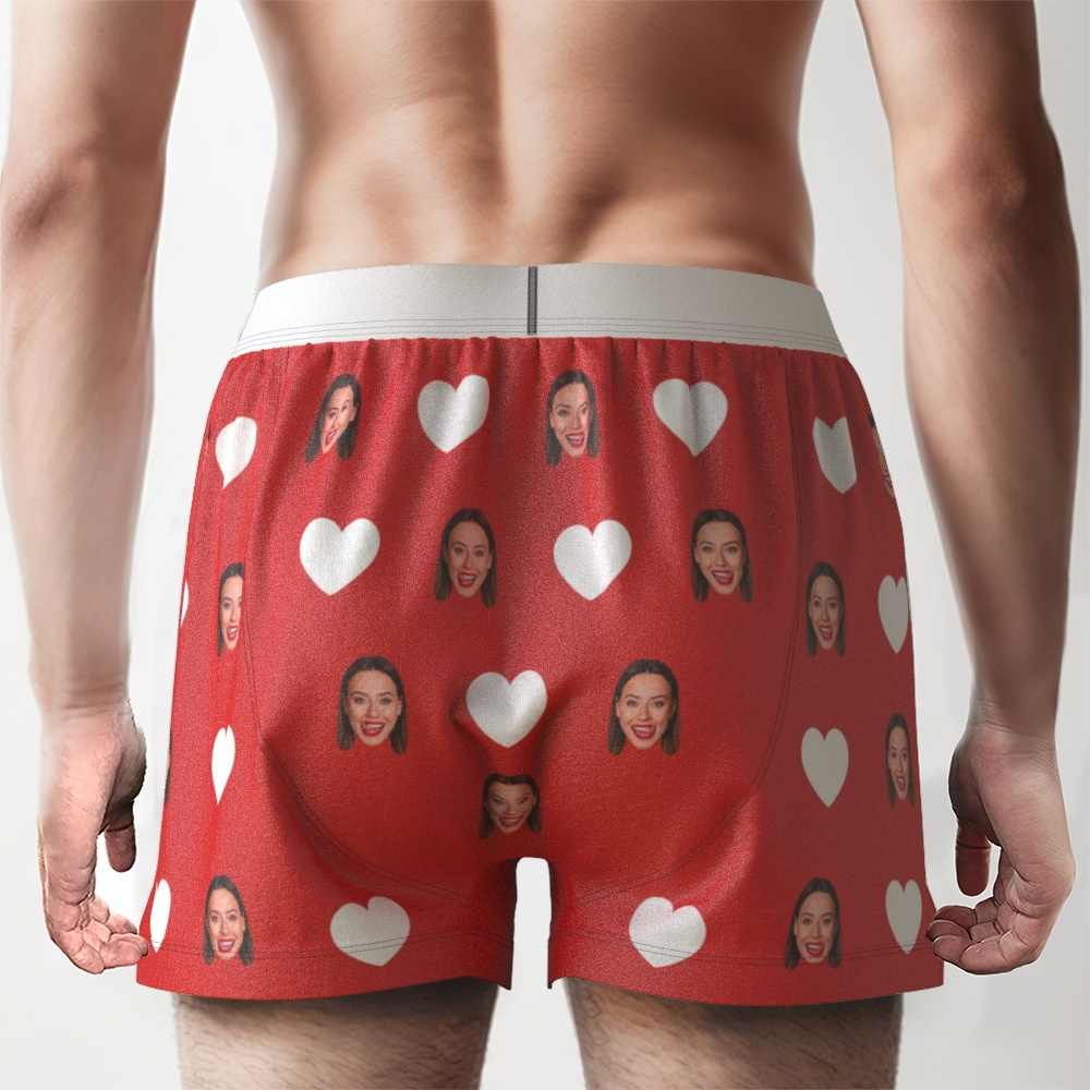 Custom Face Red Heart Design Boxer Shorts with Personalised Text on the Waistband Personalised Underwear for Him