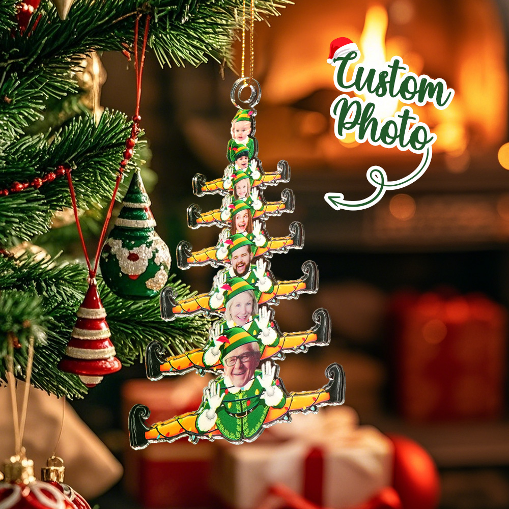 Custom Funny Elf Family Christmas Tree - Personalized Acrylic Photo Ornament