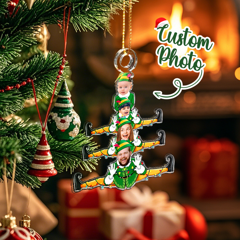 Custom Funny Elf Family Christmas Tree - Personalized Acrylic Photo Ornament