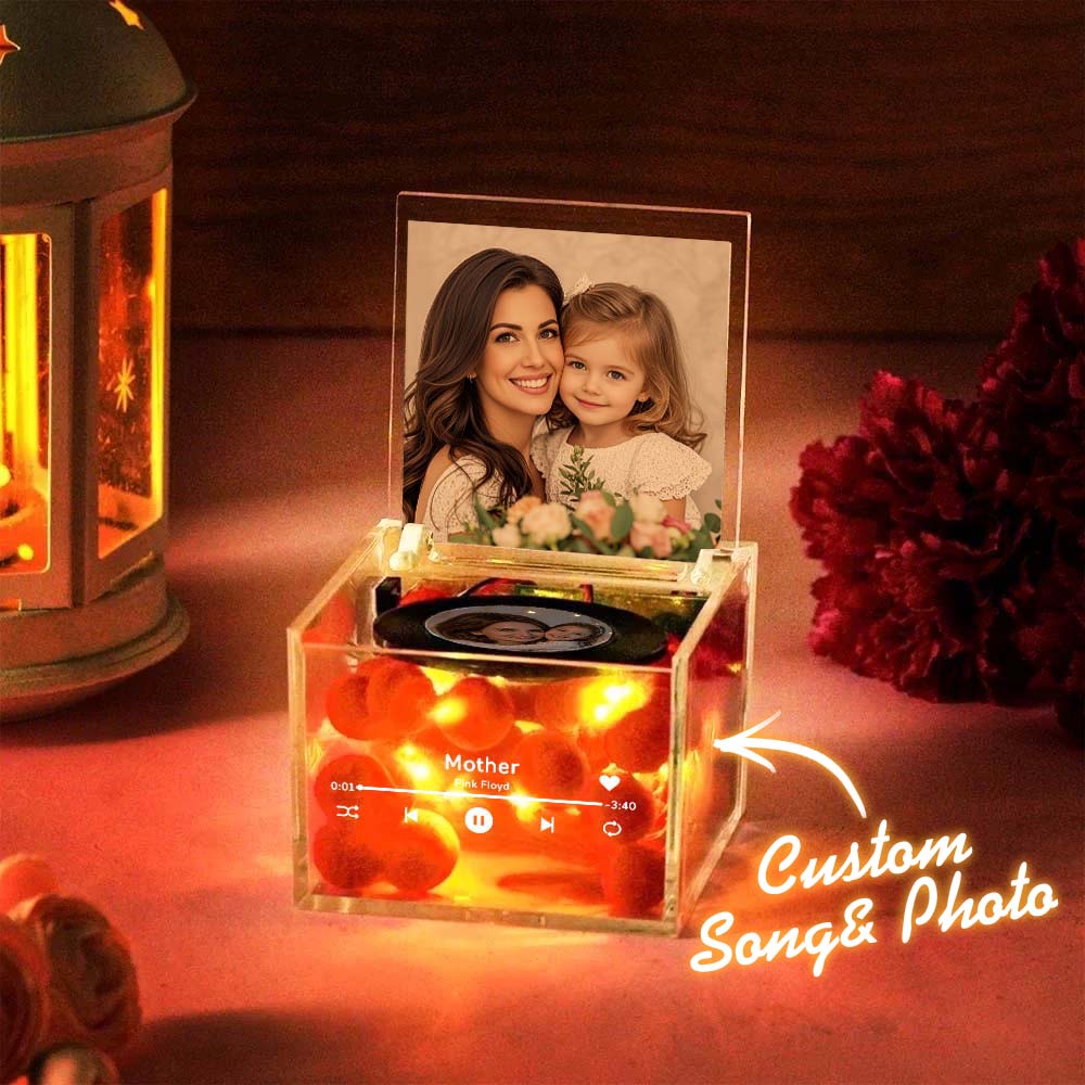 Custom Mini Vinyl Record Player in an Acrylic Box with Custom Text Cover For Mother's Day Gift for Mum