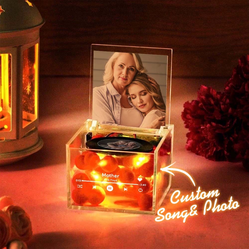 Custom Mini Vinyl Record Player in an Acrylic Box Custom Flower Name Cover Gift for Mum On Mother's Day - MyPhotoSocksAu