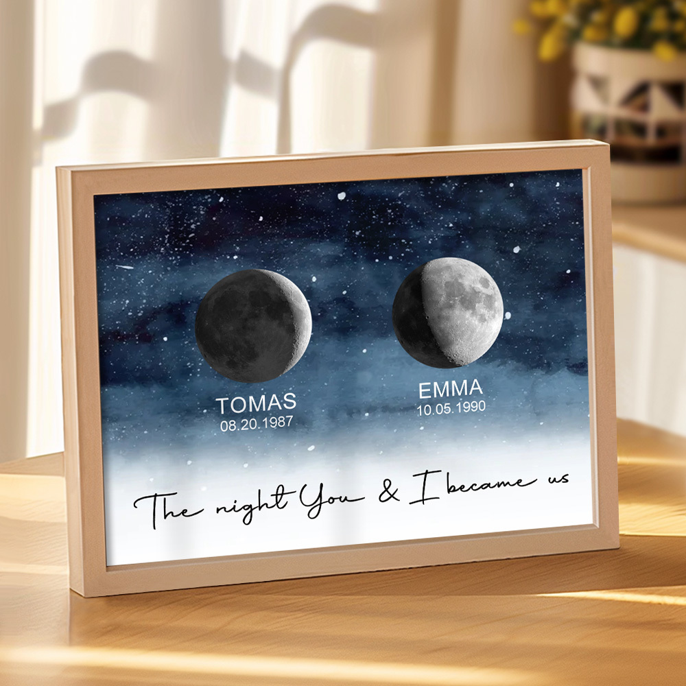 Custom Moon Phase Print Frame Personalized Moon Phase Wooden Frame Ornaments Anniversary Gifts for Her Him - MyPhotoSocksAu