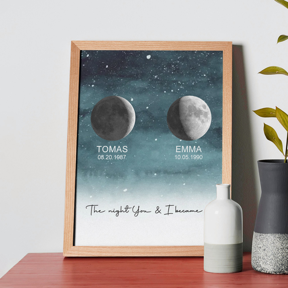 Custom Moon Phase Print Frame Personalized Moon Phase Wooden Frame Ornaments Anniversary Gifts for Her Him - MyPhotoSocksAu