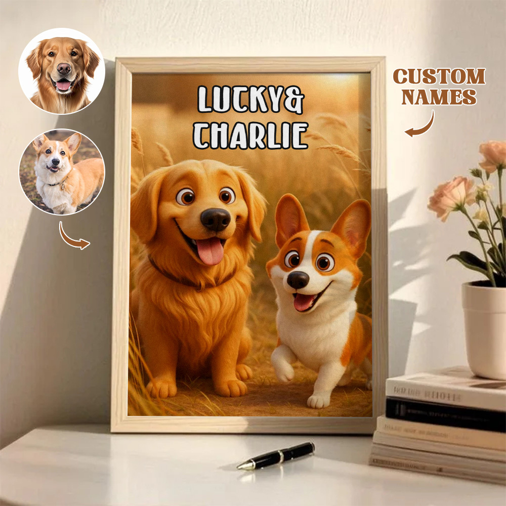 Custom Pets Photo Cartoon Wooden Frame Decorations Cute Pet Decor Plaque Gifts 3 PETS - MyPhotoSocksAu