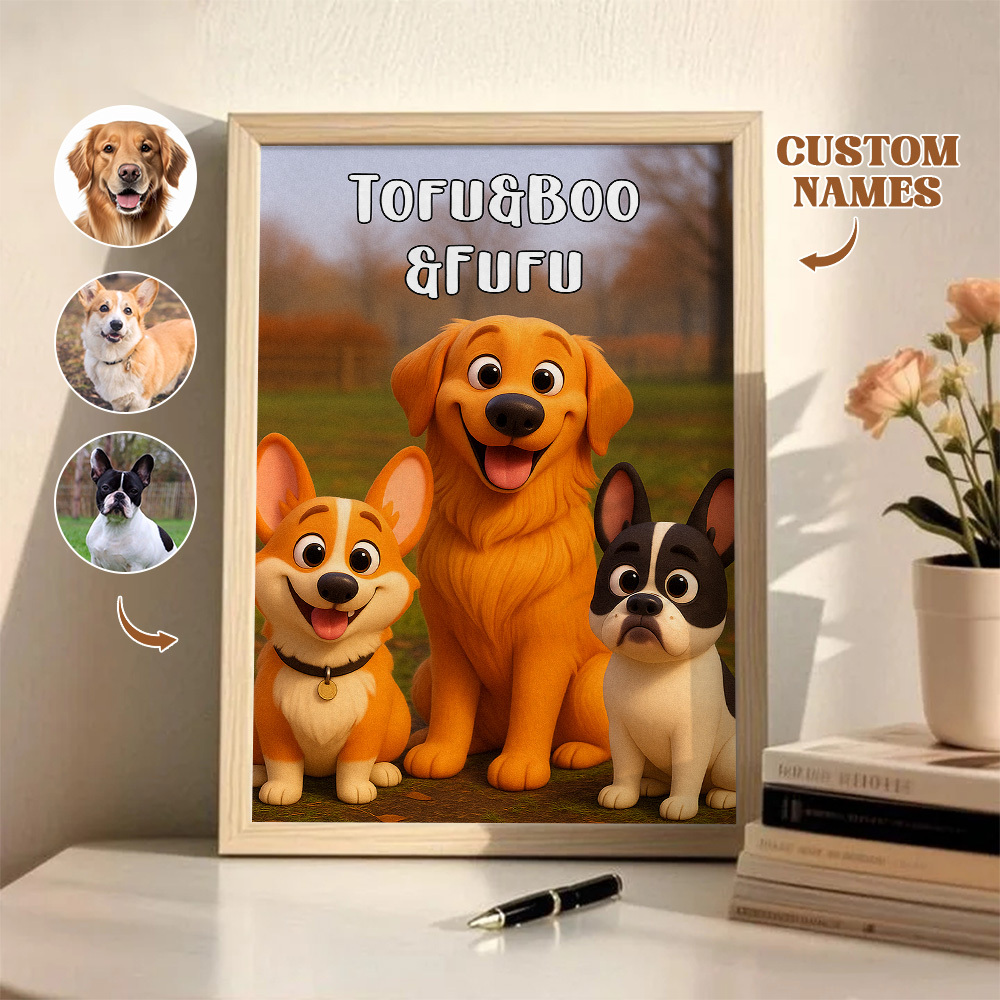 Custom Pets Photo Cartoon Wooden Frame Decorations Cute Pet Decor Plaque Gifts 3 PETS - MyPhotoSocksAu