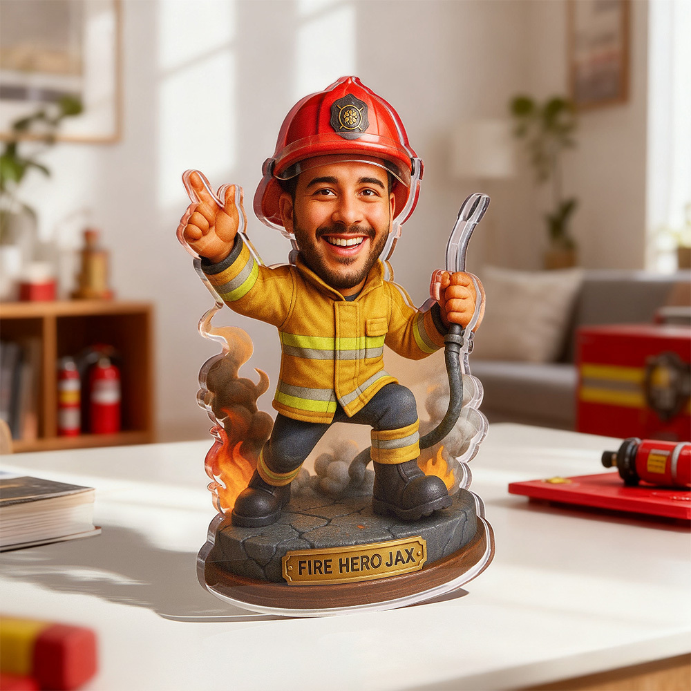 Personalised Acrylic Cartoon Firefighter Figurine Ornament 2D Look 3D Pop - MyPhotoSocksAu