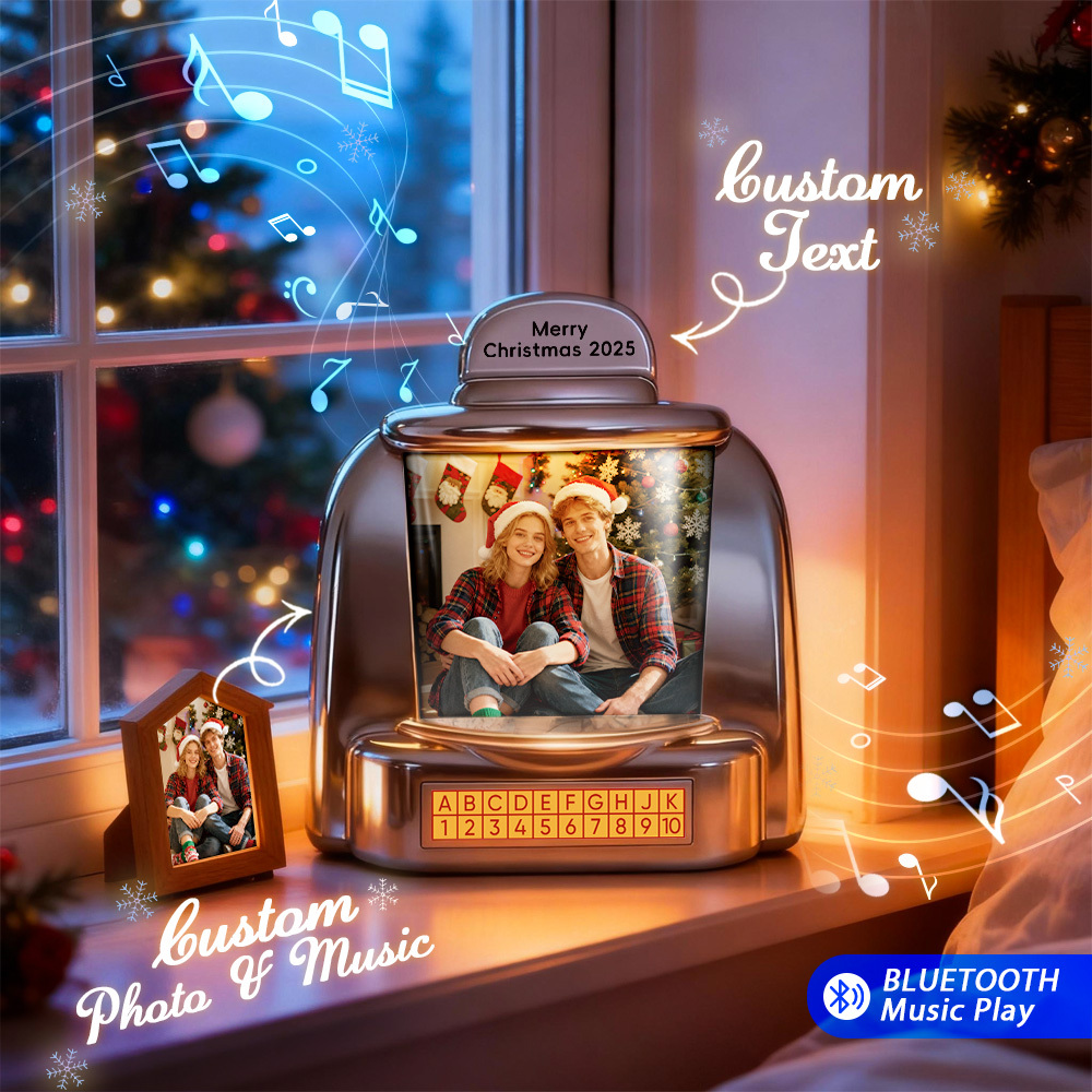 Custom Christmas Mini Jukebox Retro Speaker – Personalized Photo,Names & Date Music Mini Player with Radio | Vintage Tabletop Home Decor Nostalgic Christmas Retro Gifts - MyPhotoSocksAu