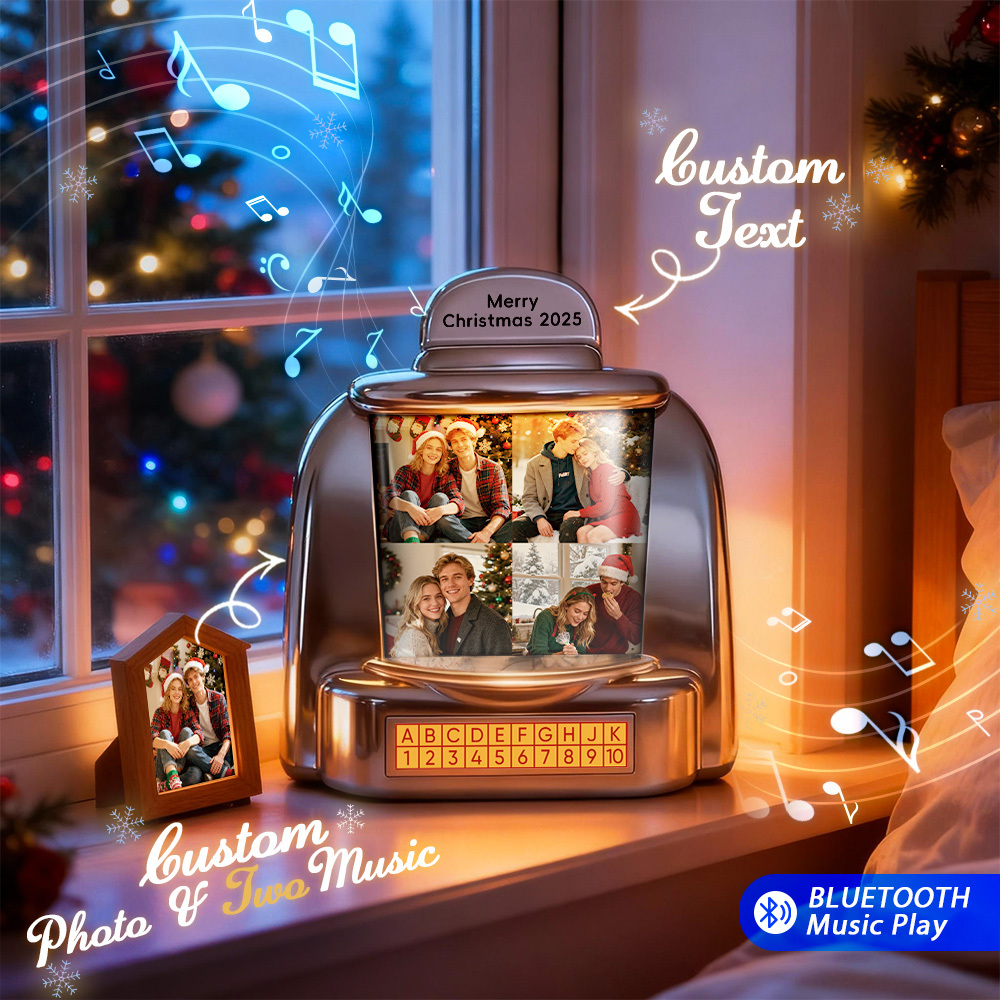 Custom Christmas Mini Jukebox Retro Speaker – Personalized Photo,Names & Date Music Mini Player with Radio | Vintage Tabletop Home Decor Nostalgic Christmas Retro Gifts - MyPhotoSocksAu