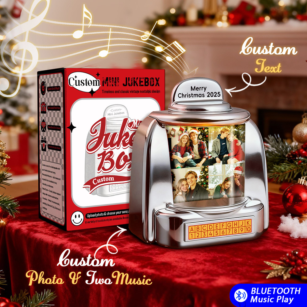 Custom Christmas Mini Jukebox Retro Speaker – Personalized Photo,Names & Date Music Mini Player with Radio | Vintage Tabletop Home Decor Nostalgic Christmas Retro Gifts - MyPhotoSocksAu