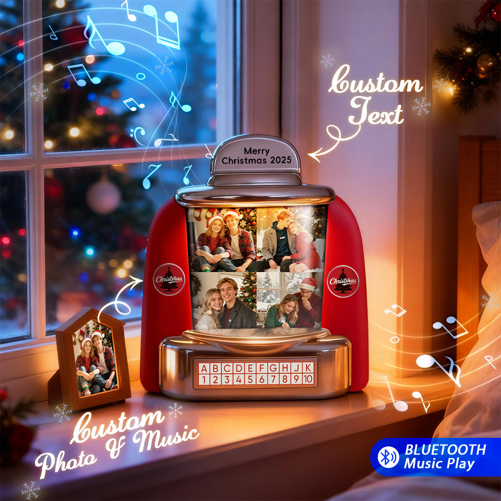 Custom Christmas Mini Jukebox Retro Speaker – Personalized Photo,Names & Date Music Mini Player with Radio | Vintage Tabletop Home Decor Nostalgic Christmas Retro Gifts - MyPhotoSocksAu