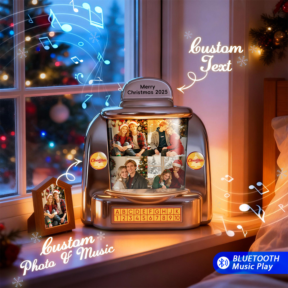 Custom Christmas Mini Jukebox Retro Speaker – Personalized Photo,Names & Date Music Mini Player with Radio | Vintage Tabletop Home Decor Nostalgic Christmas Retro Gifts - MyPhotoSocksAu