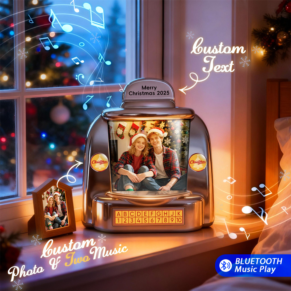 Custom Christmas Mini Jukebox Retro Speaker – Personalized Photo,Names & Date Music Mini Player with Radio | Vintage Tabletop Home Decor Nostalgic Christmas Retro Gifts - MyPhotoSocksAu