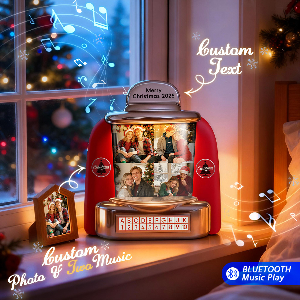 Custom Christmas Mini Jukebox Retro Speaker – Personalized Photo,Names & Date Music Mini Player with Radio | Vintage Tabletop Home Decor Nostalgic Christmas Retro Gifts - MyPhotoSocksAu