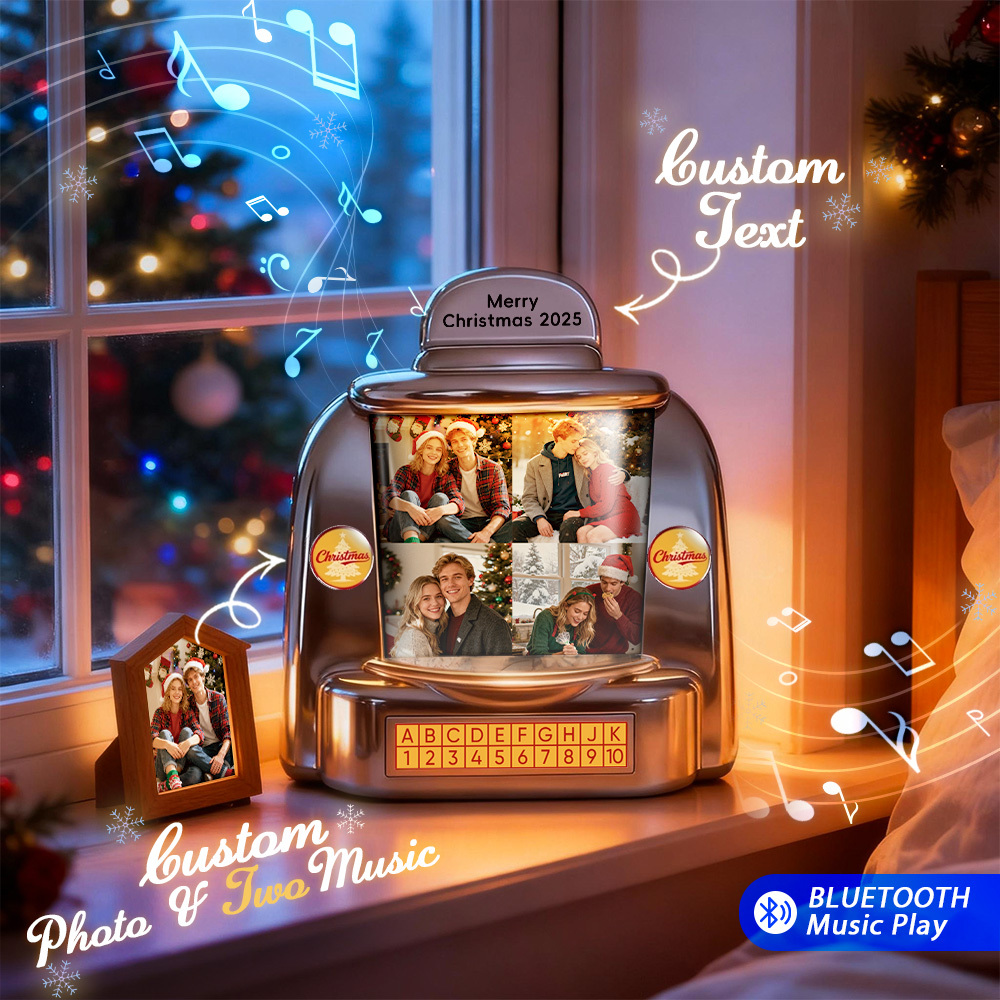 Custom Christmas Mini Jukebox Retro Speaker – Personalized Photo,Names & Date Music Mini Player with Radio | Vintage Tabletop Home Decor Nostalgic Christmas Retro Gifts - MyPhotoSocksAu