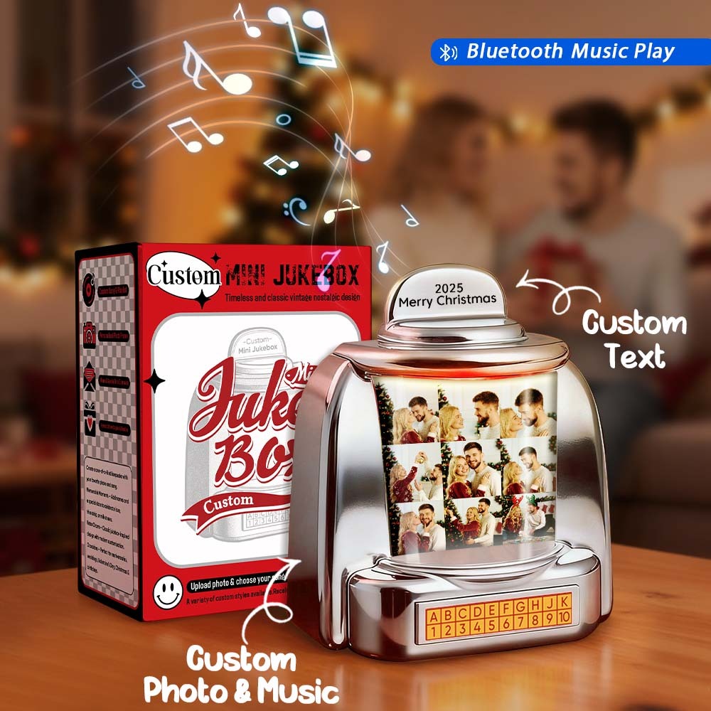 Custom Mini Jukebox Retro Speaker Personalized 9 Photos & Text Music Mini Player with Bluetooth Music Radio Vintage Tabletop Home Decor Nostalgic Christmas Gift - MyPhotoSocksAu