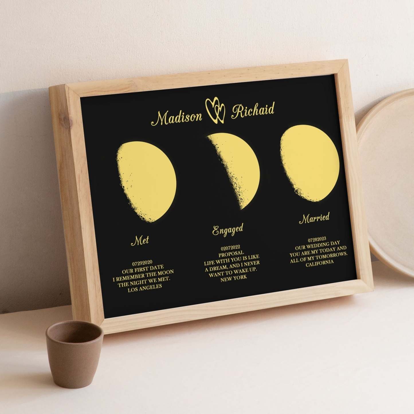 Custom Moon Phase Wooden Frame Three Moon Phase with Personalized Name and Text - My Photo Socks AU