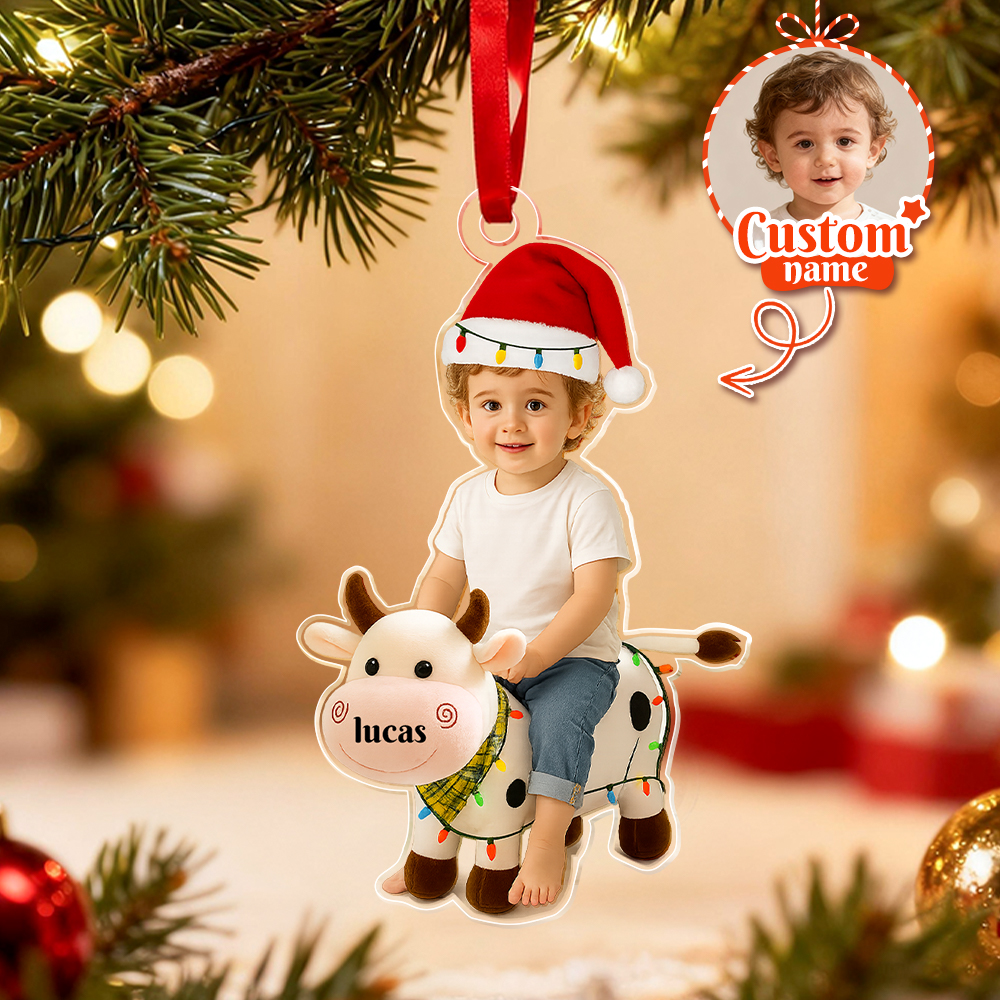 Personalized Name Cow With Kid Acrylic Ornaments, Custom Photo Cow Kid Acrylic Ornaments, Acrylic Holiday Gift Ornaments,Xmas Keepsake Gifts