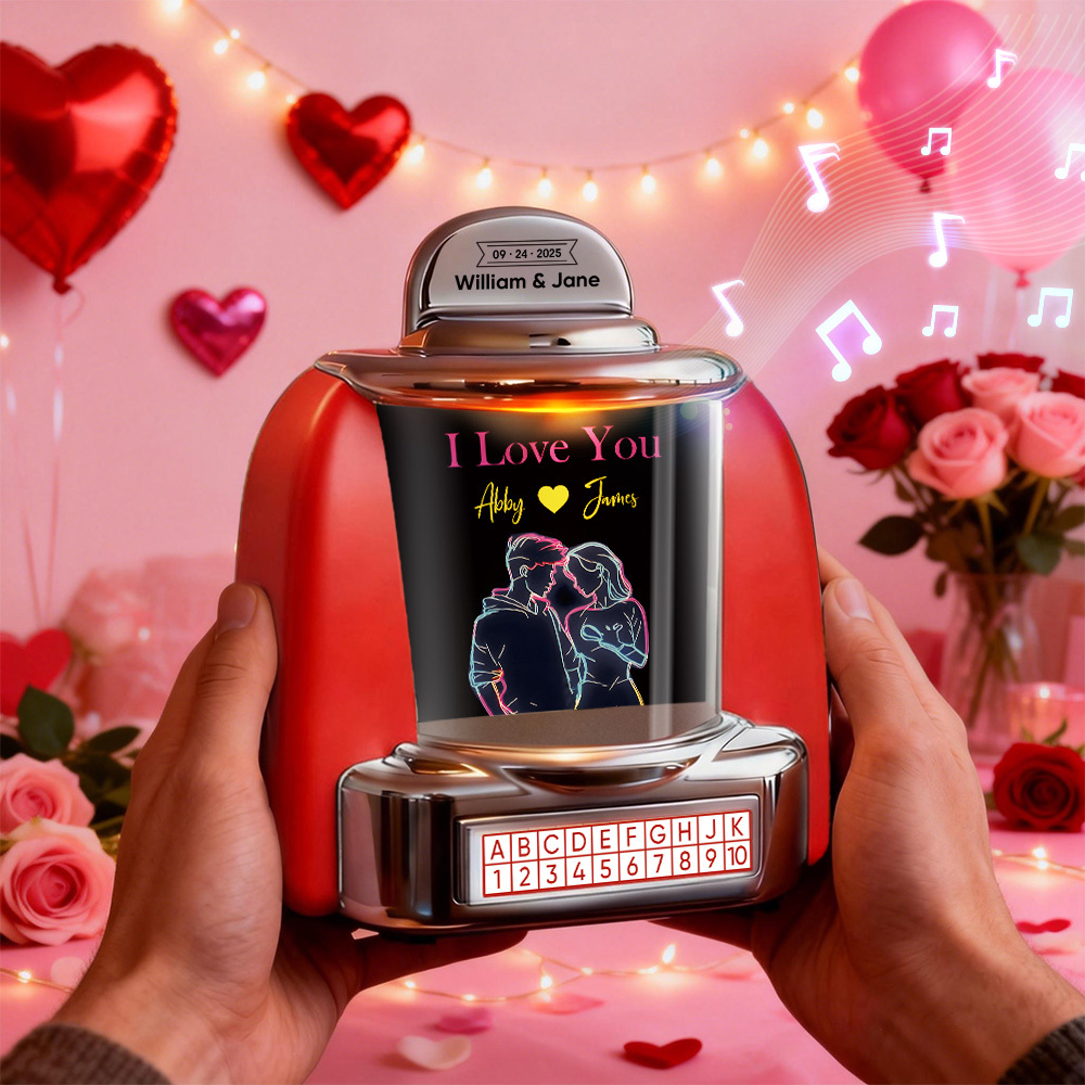 Custom Mini Jukebox Retro Speaker with Text & Bluetooth Music – Mini Jukebox Gift for Couples, Anniversary & Valentine's Day - MyPhotoSocksAu