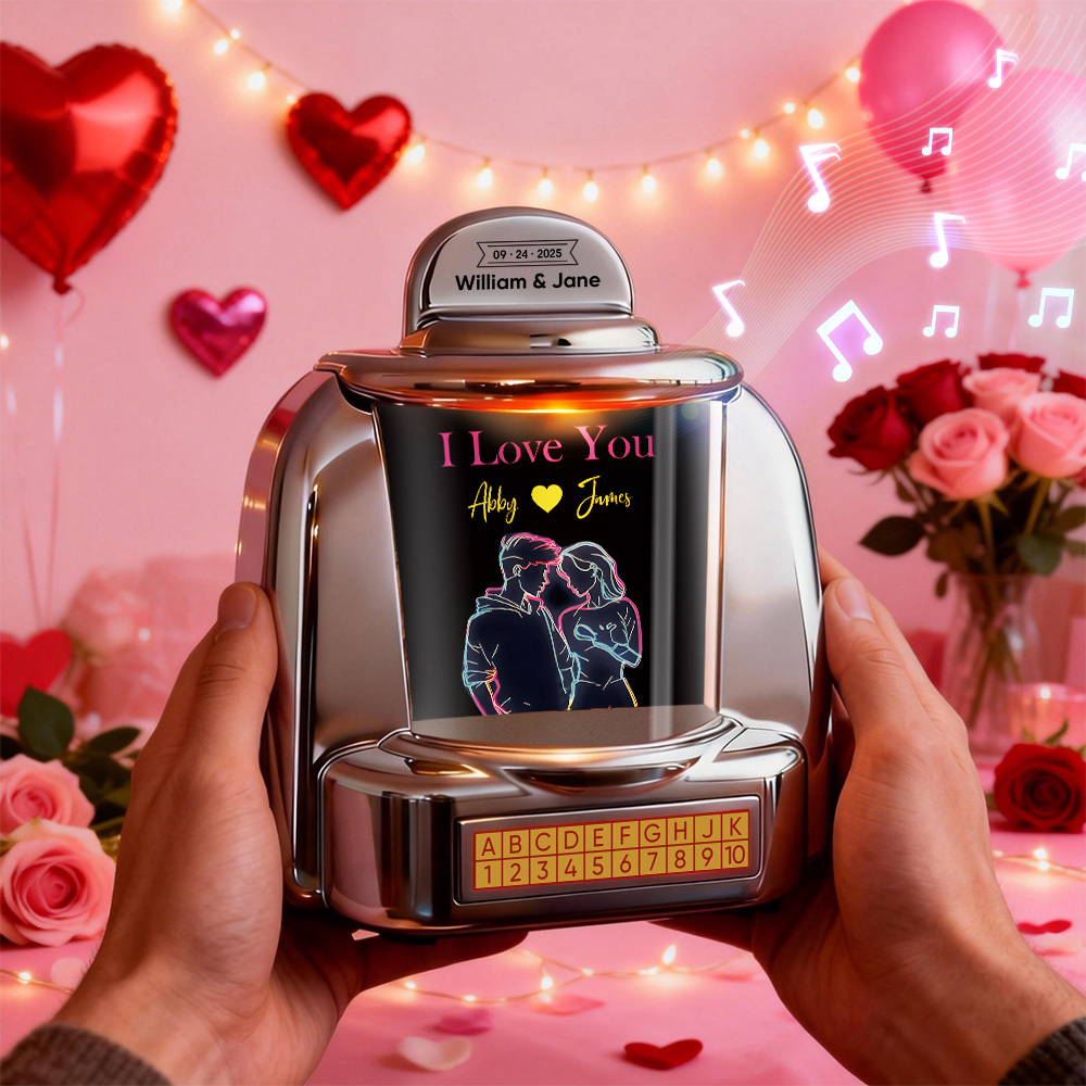 Custom Mini Jukebox Retro Speaker with Text & Bluetooth Music – Mini Jukebox Gift for Couples, Anniversary & Valentine's Day - MyPhotoSocksAu