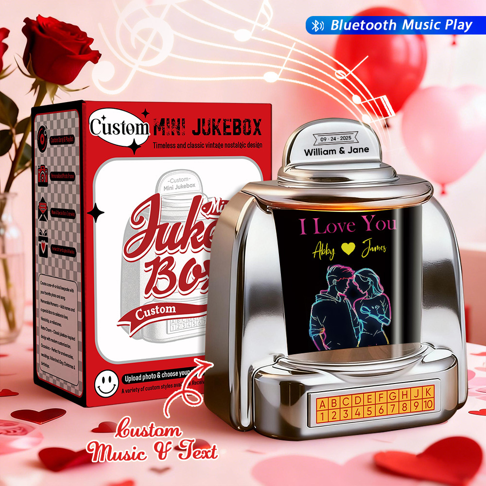 Custom Mini Jukebox Retro Speaker with Text & Bluetooth Music – Mini Jukebox Gift for Couples, Anniversary & Valentine's Day - MyPhotoSocksAu